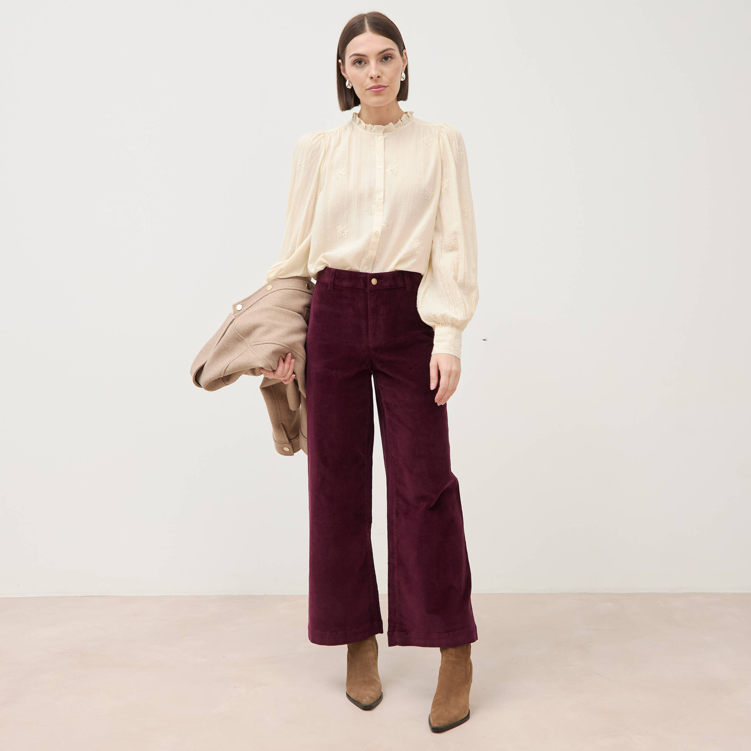 Pantalon large taille haute en velours prune femme
