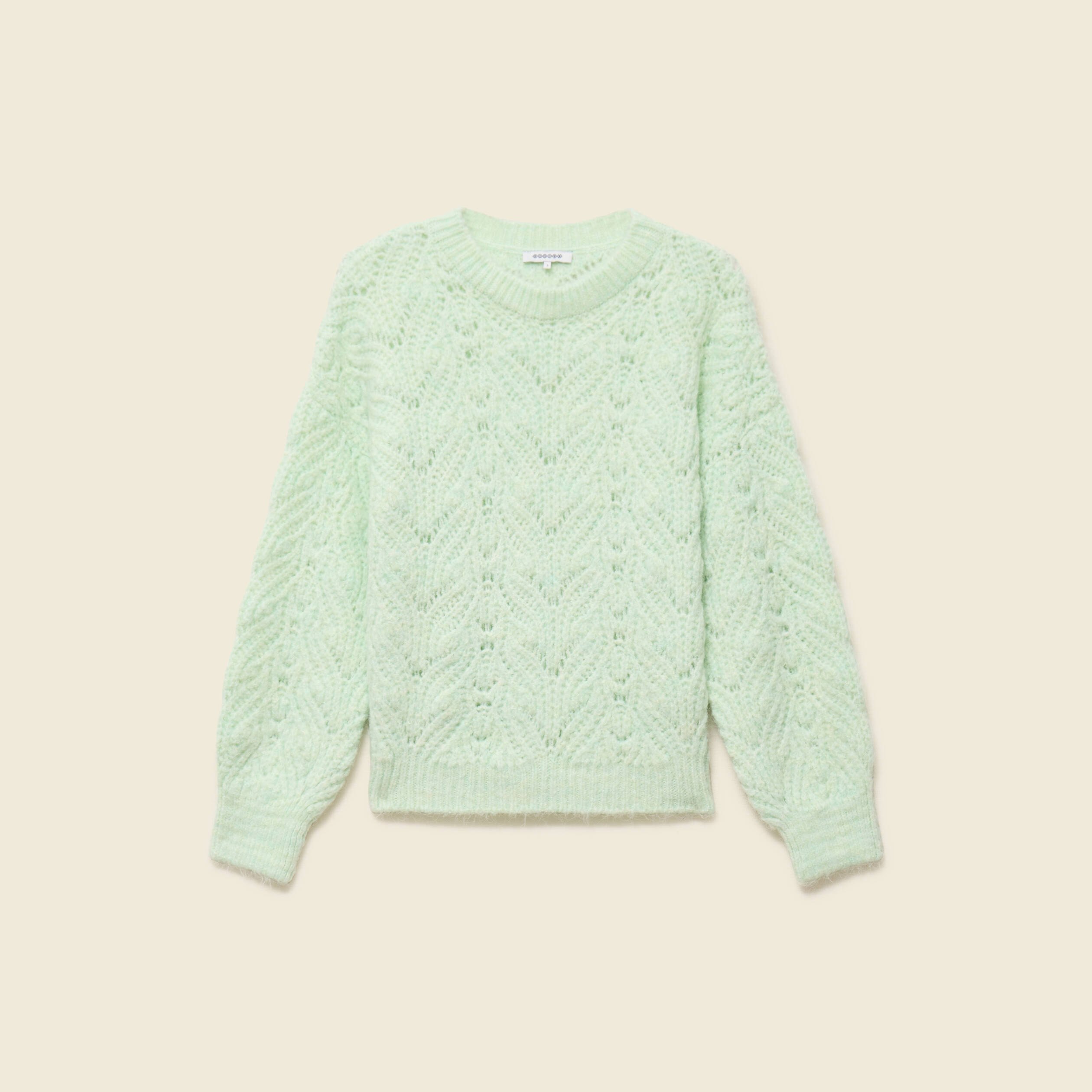Pull ajour&eacute; droit court manches longues vert pastel femme
