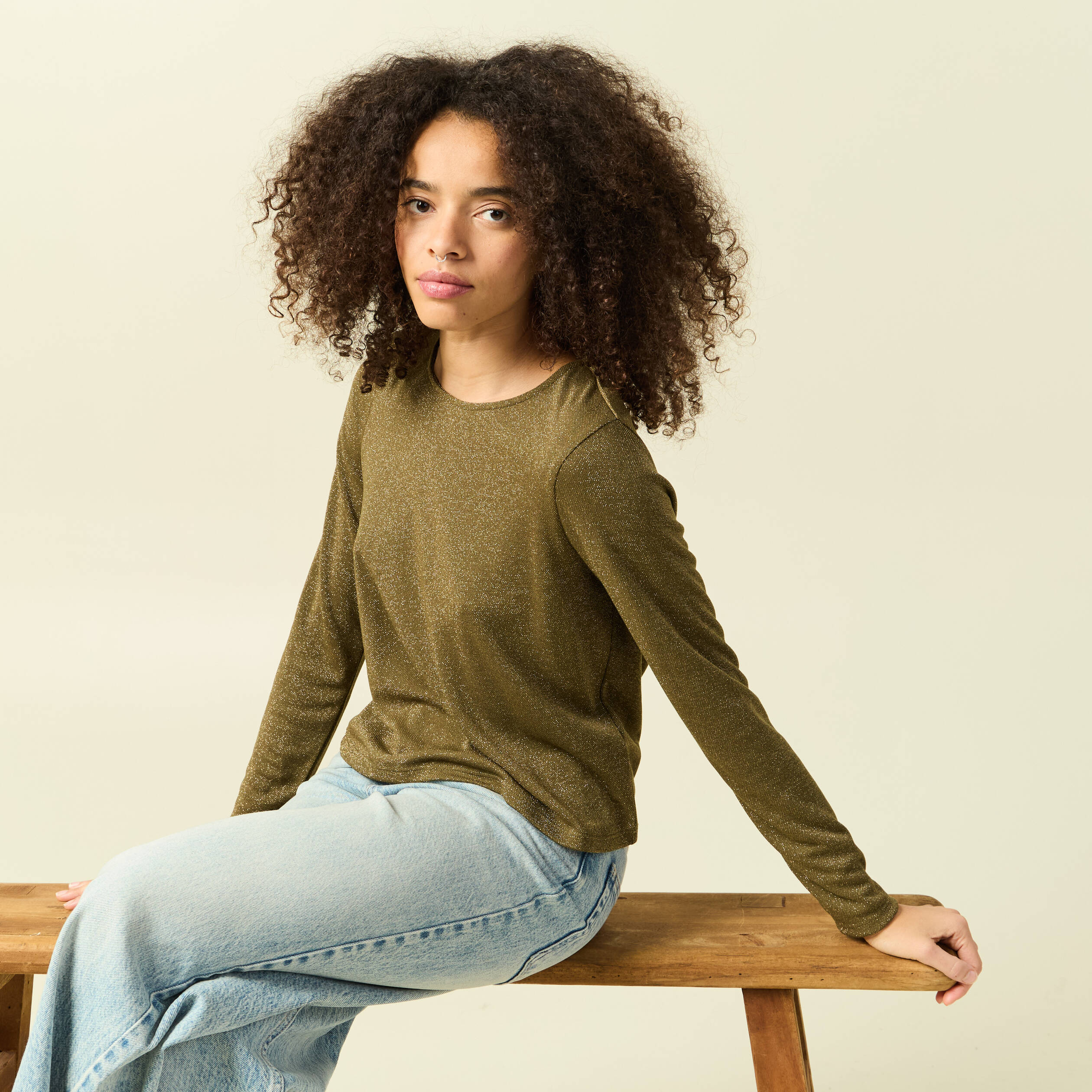 T-shirt manches longues vert kaki femme
