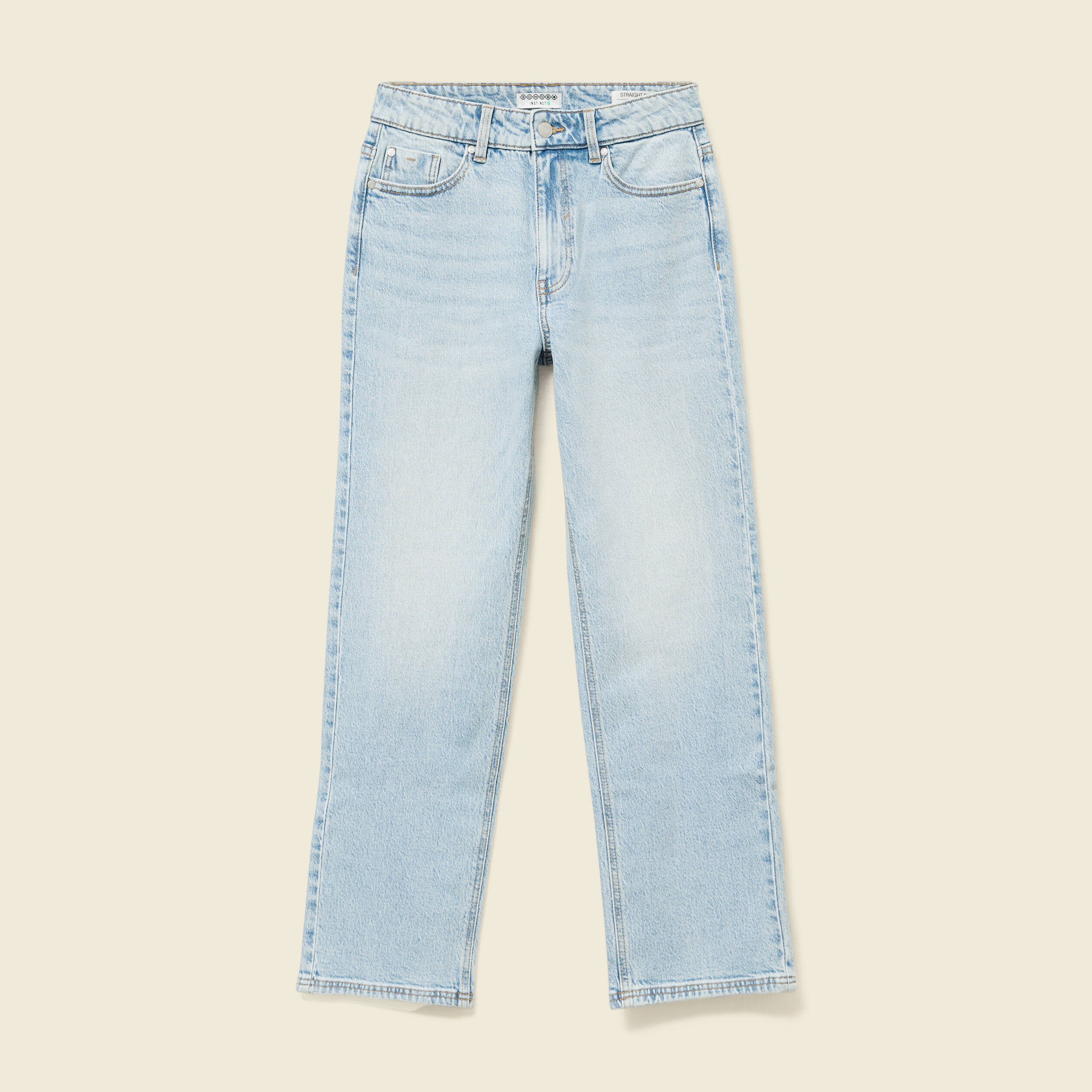Jeans straight 7/8&egrave;me taille haute denim bleach femme