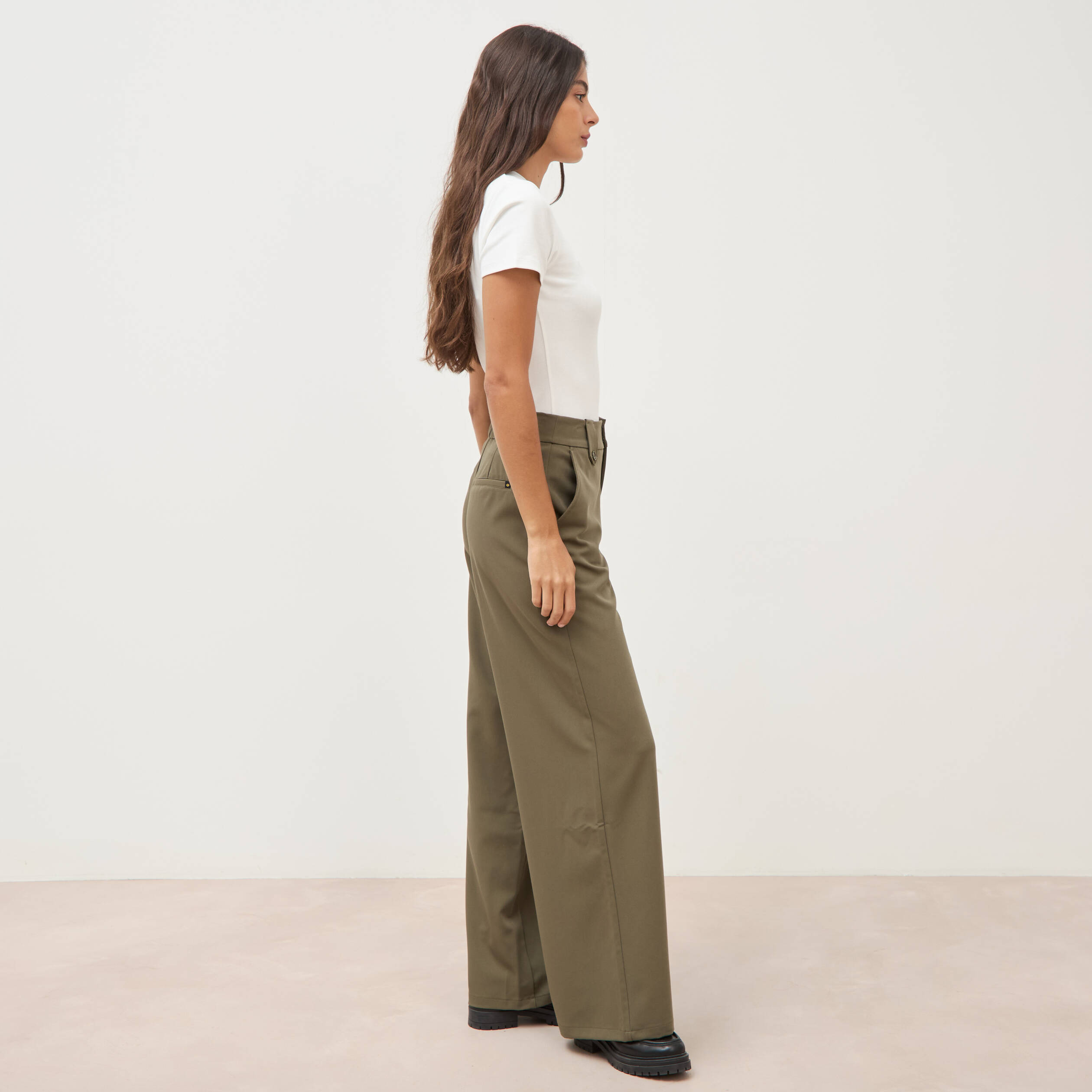Pantalon large taille haute fluide camel femme