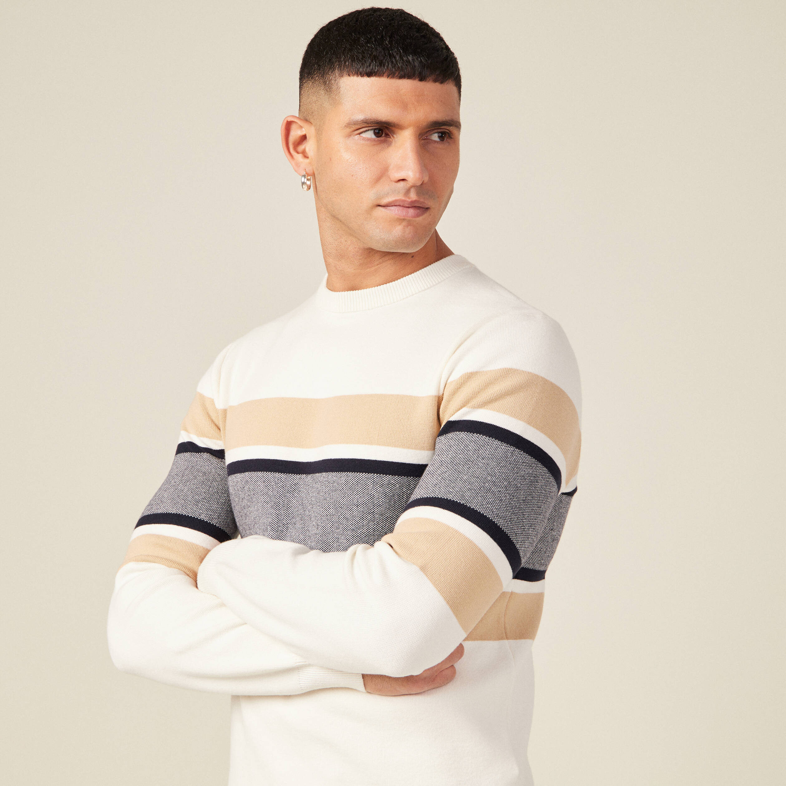 Pull fin col rond manches longues ecru homme