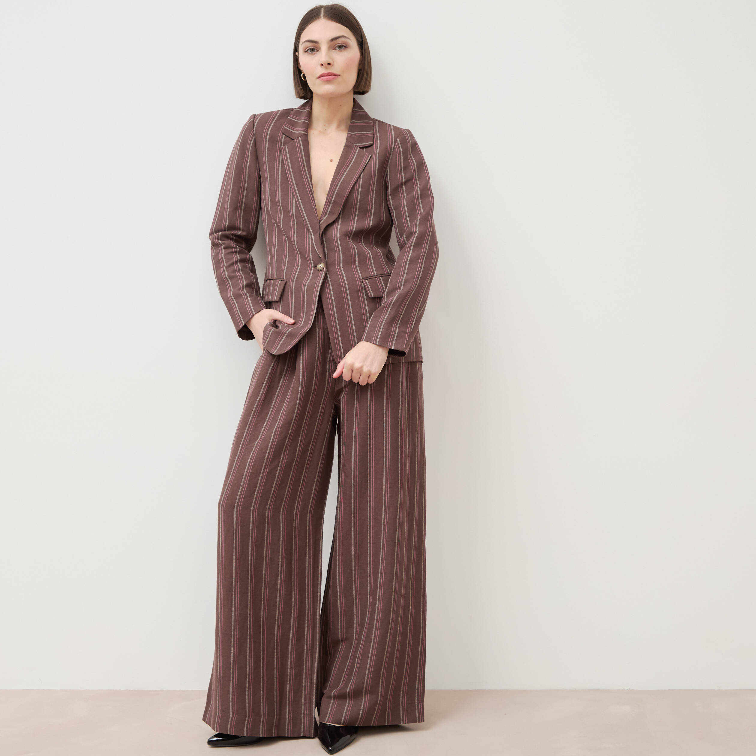 Pantalon large taille haute ray&eacute; marron chocolat femme