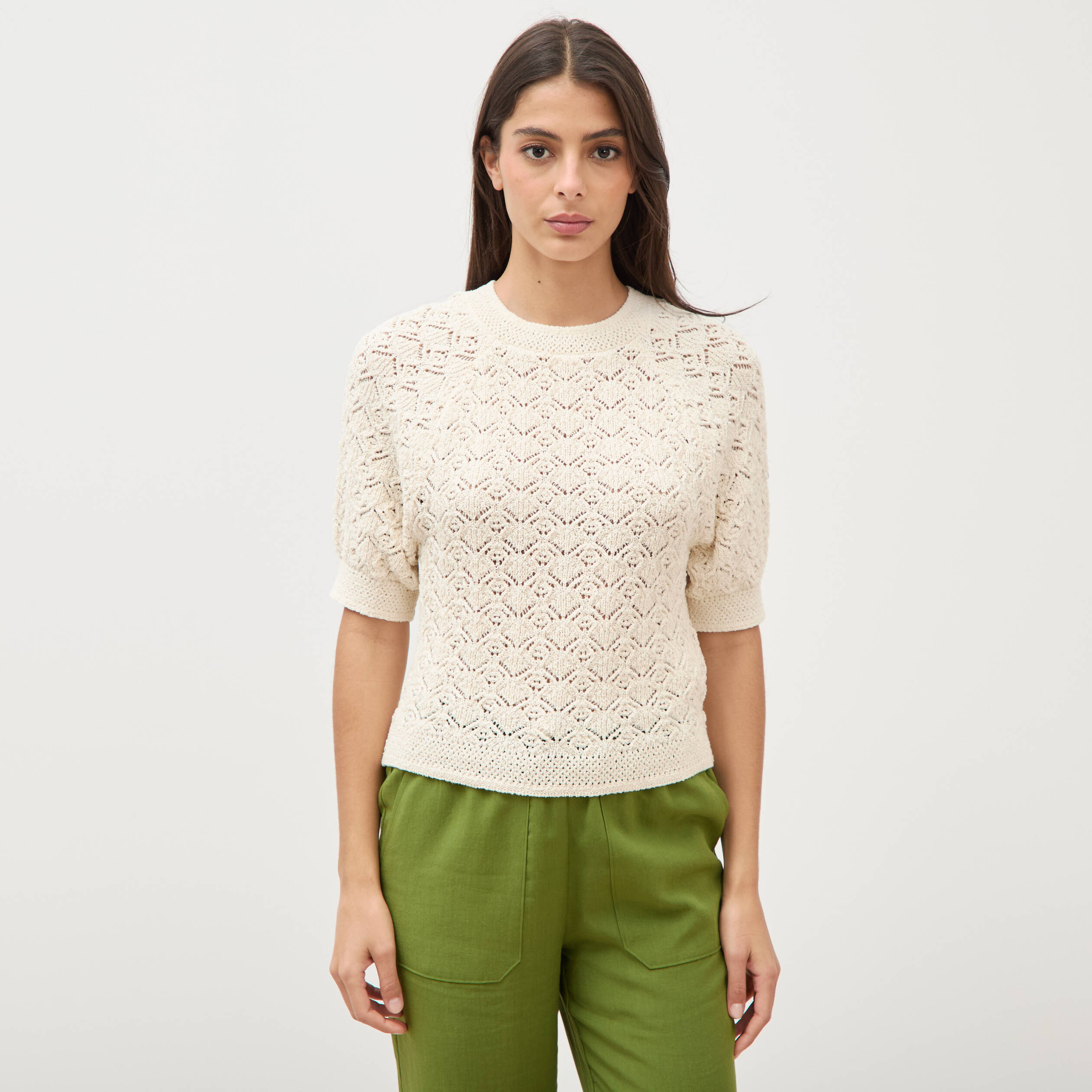 Pull droit court ajour&eacute; manches courtes camel femme