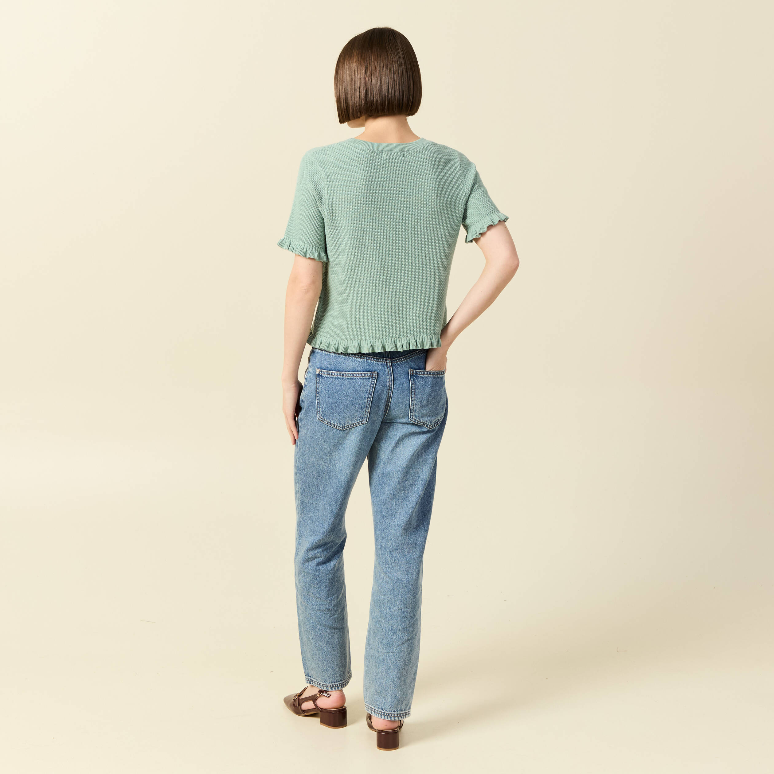 Pull droit court en coton vert pastel femme