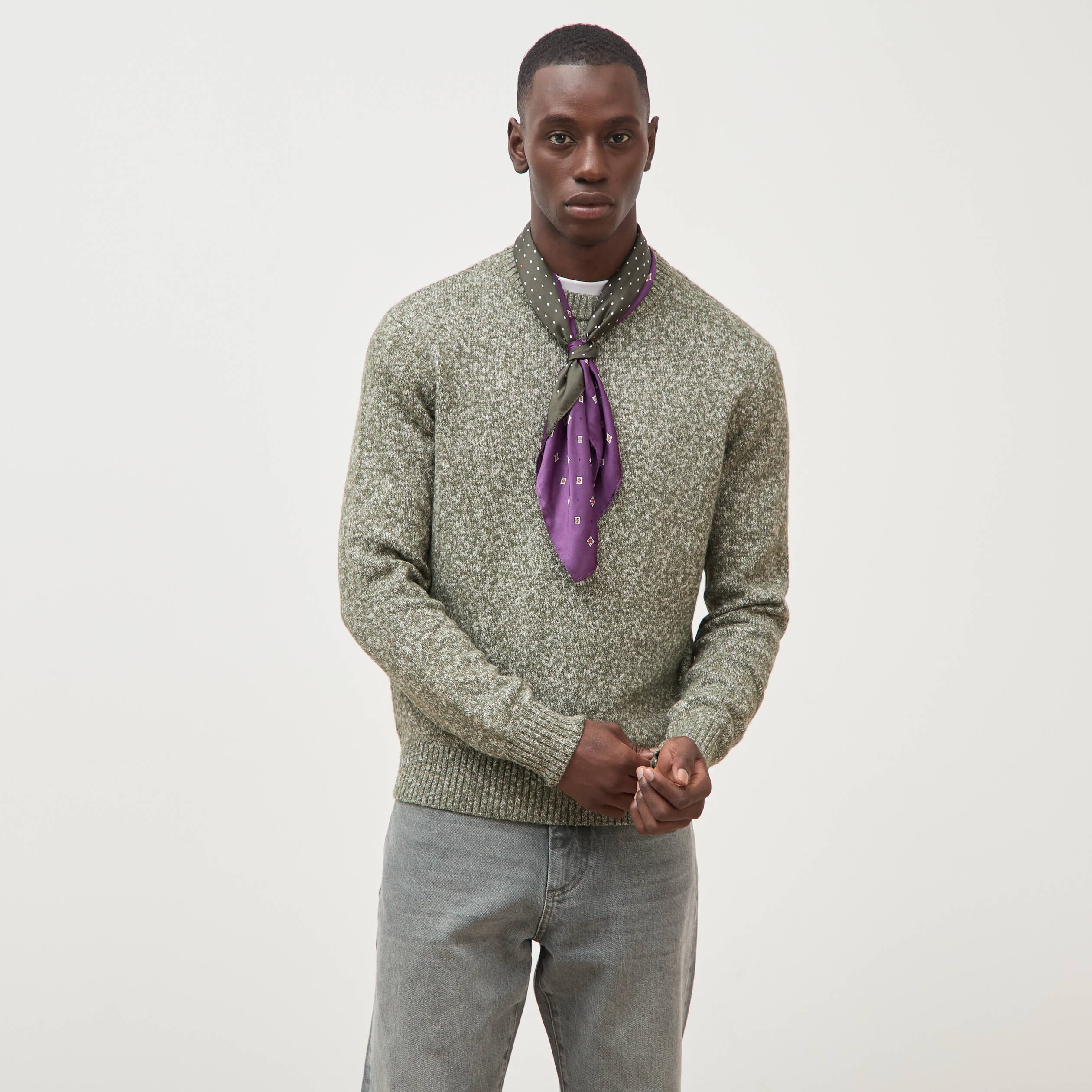 Pull droit tweed manches longues vert kaki homme
