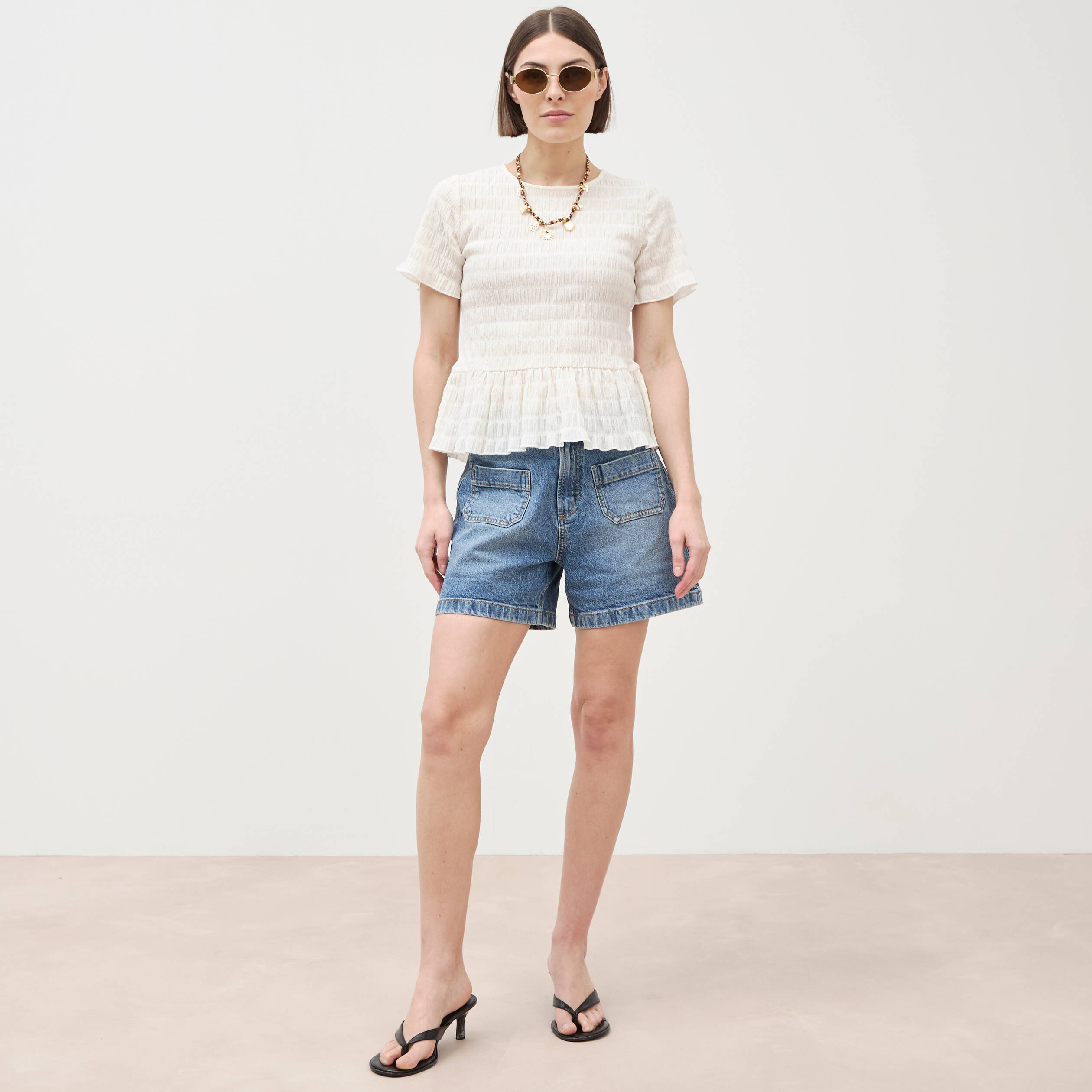 T-shirt cintr&eacute; fronc&eacute; manches courtes ivoire femme