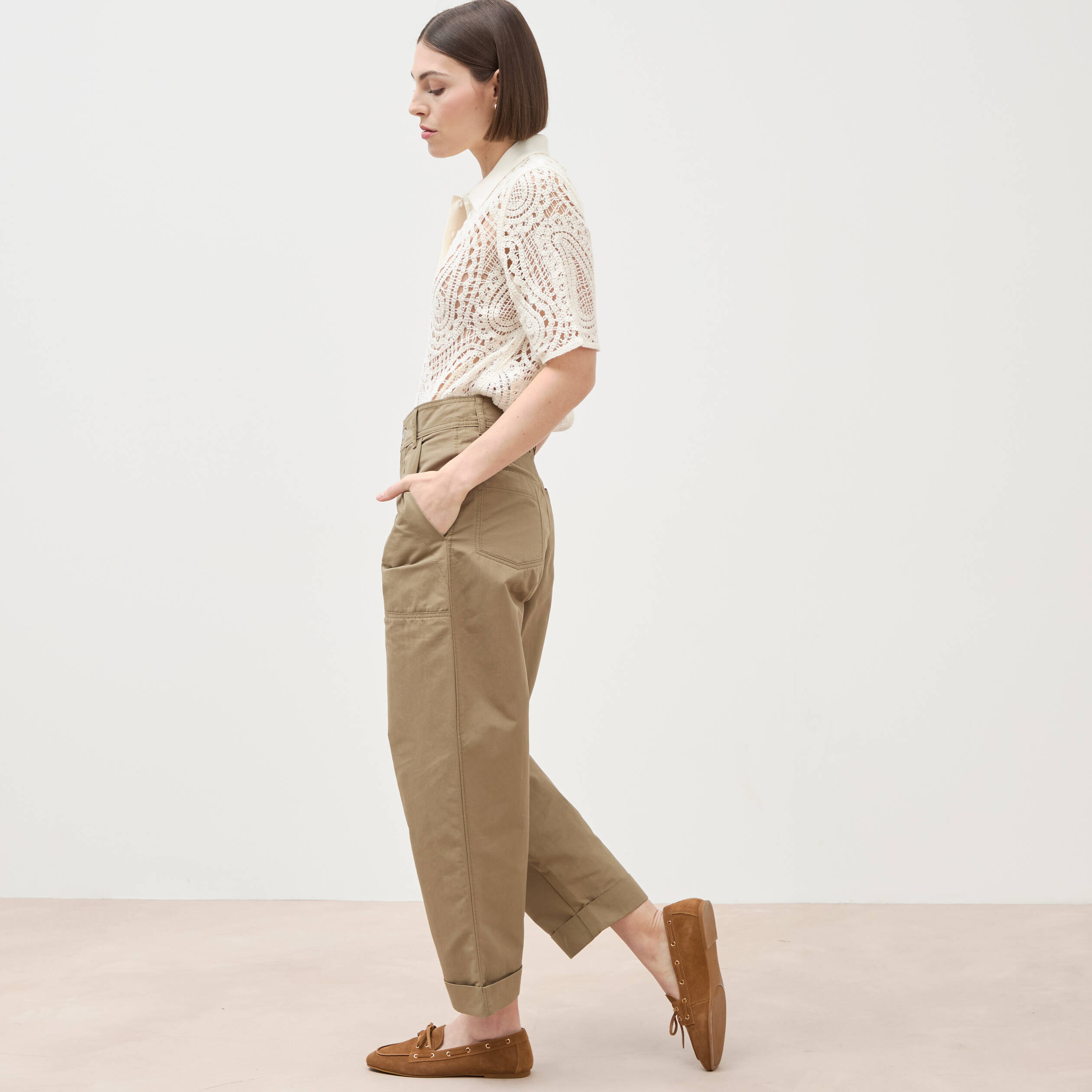 Pantalon loose taille haute vert kaki femme