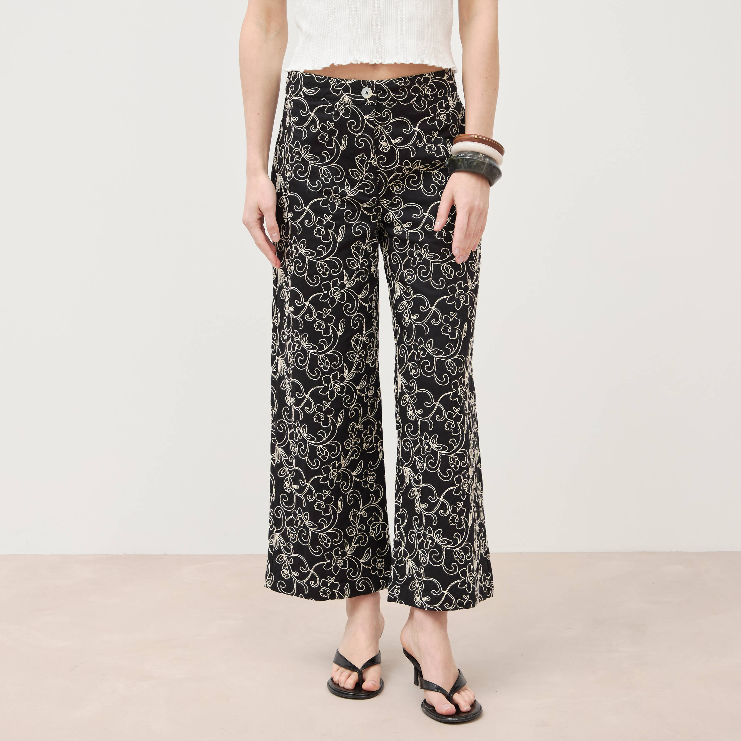 Pantalon loose en coton doubl&eacute; noir femme