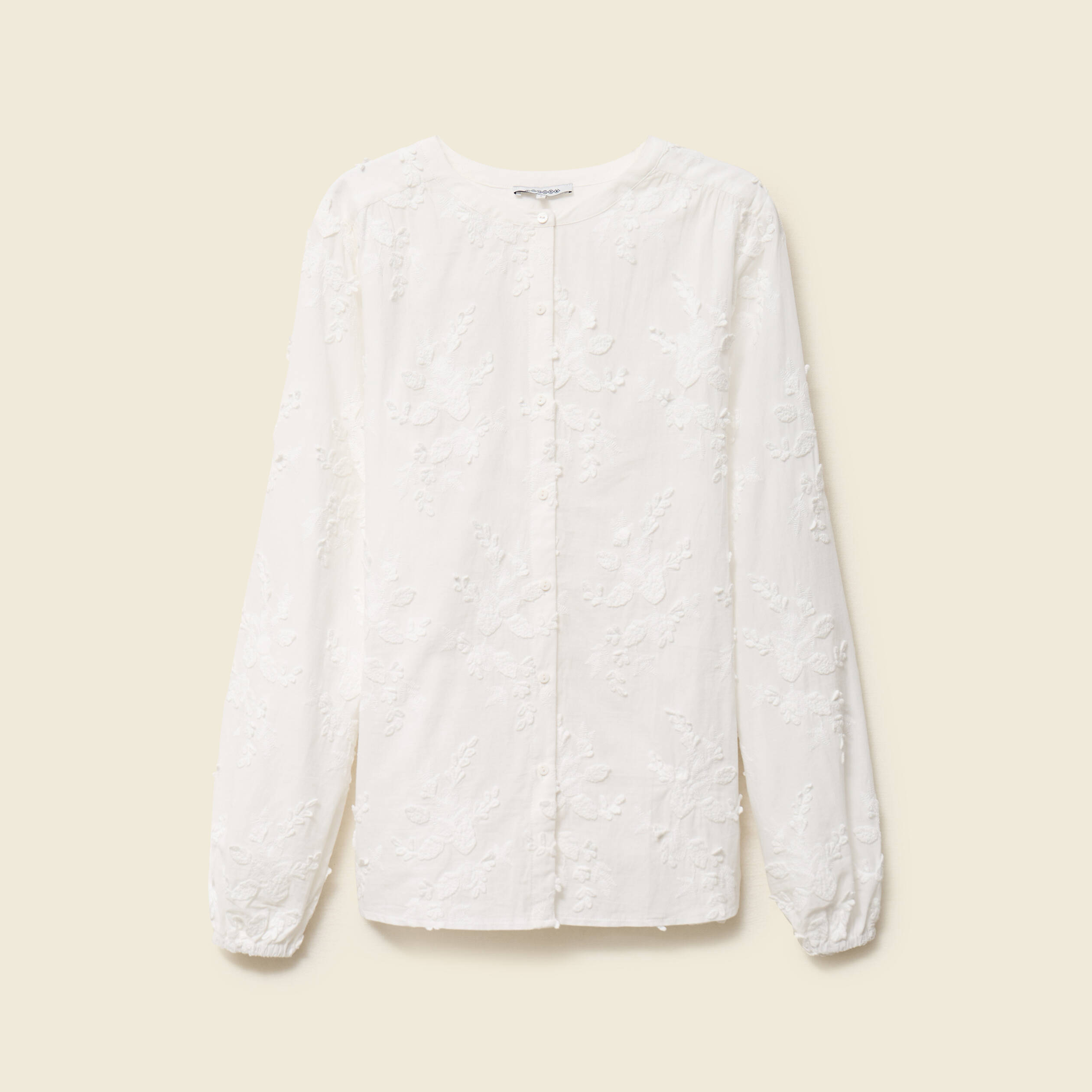 Chemise col rond manches longues brod&eacute;e ecru femme