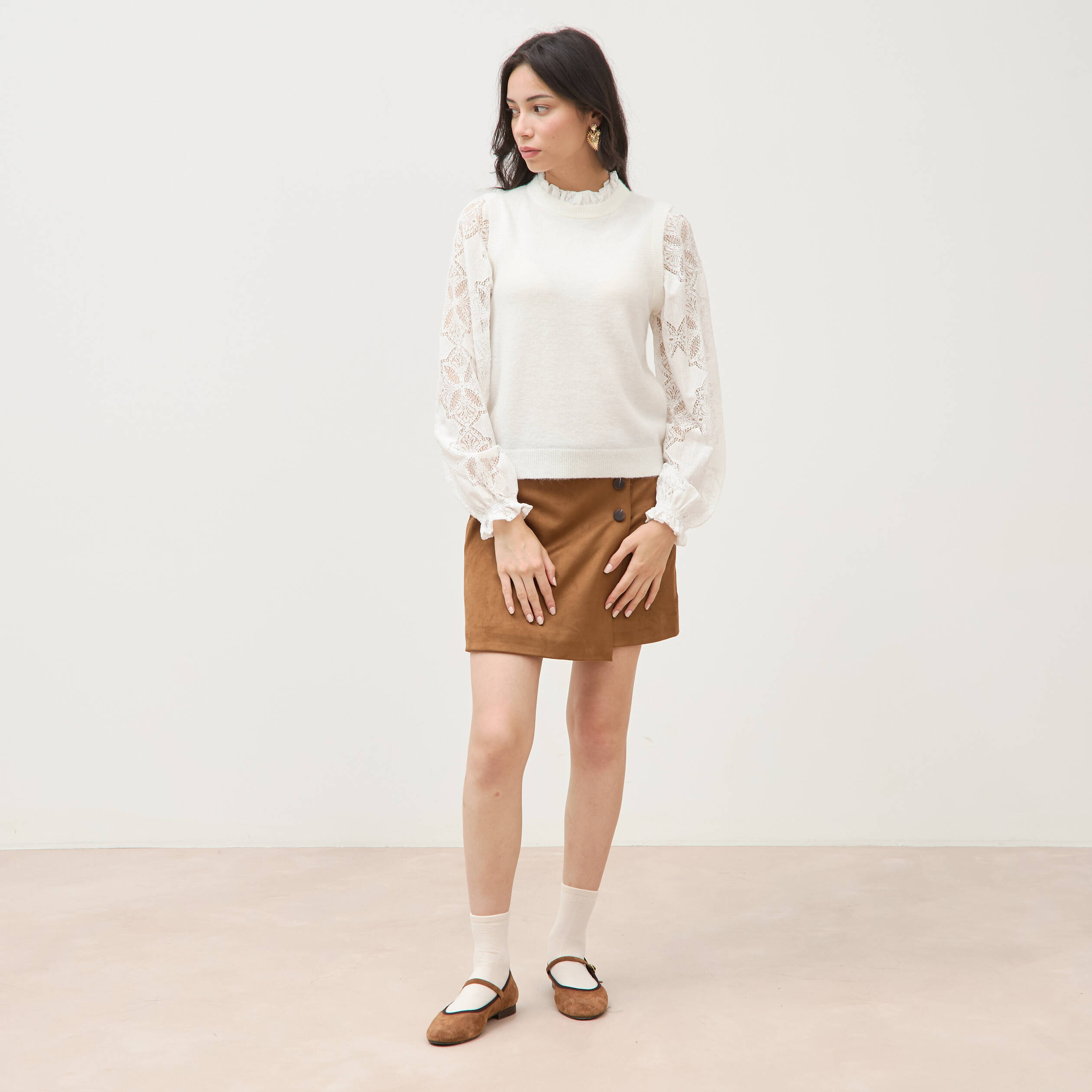 Pull droit col montant manches longues ecru femme