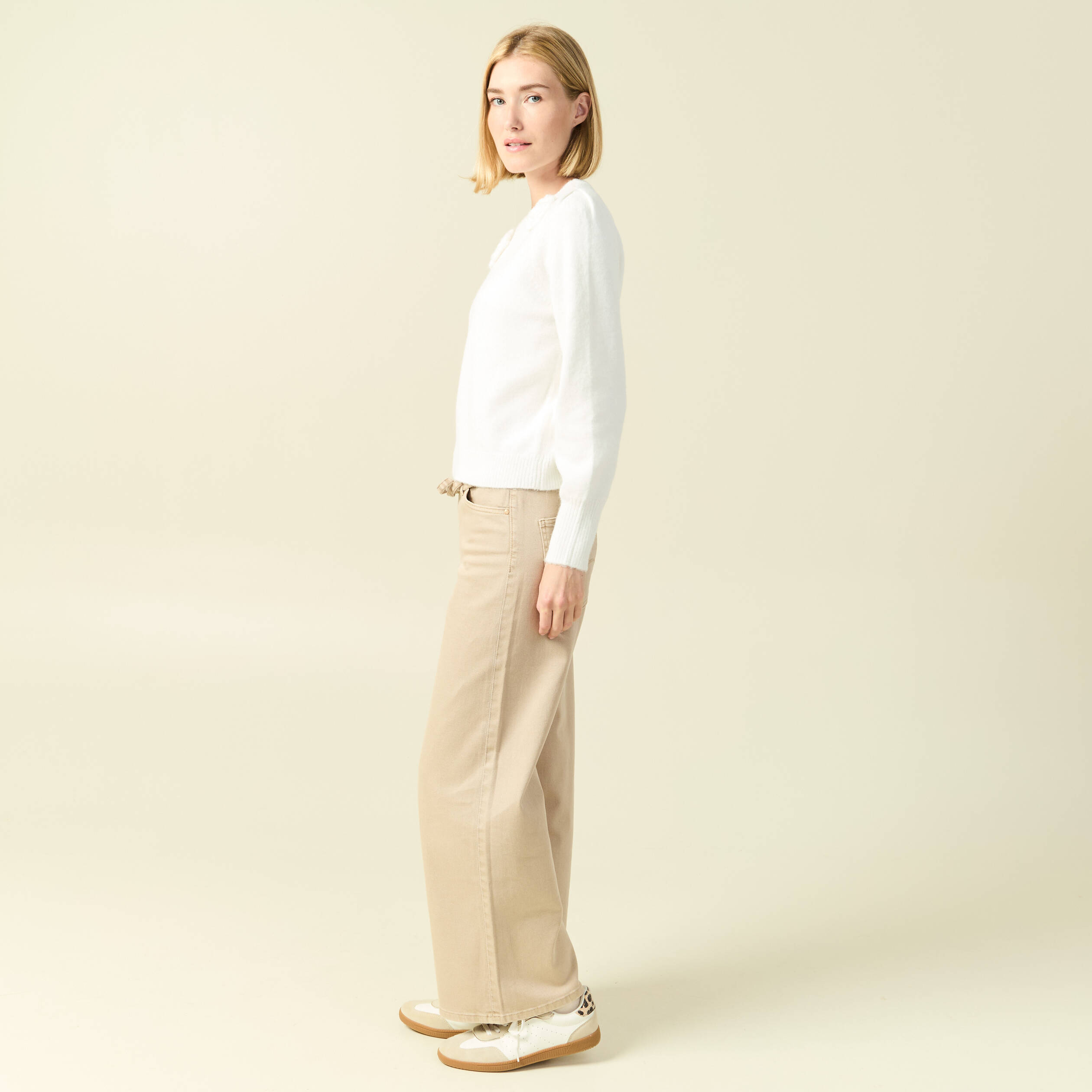 Pull manches longues col rond ecru femme