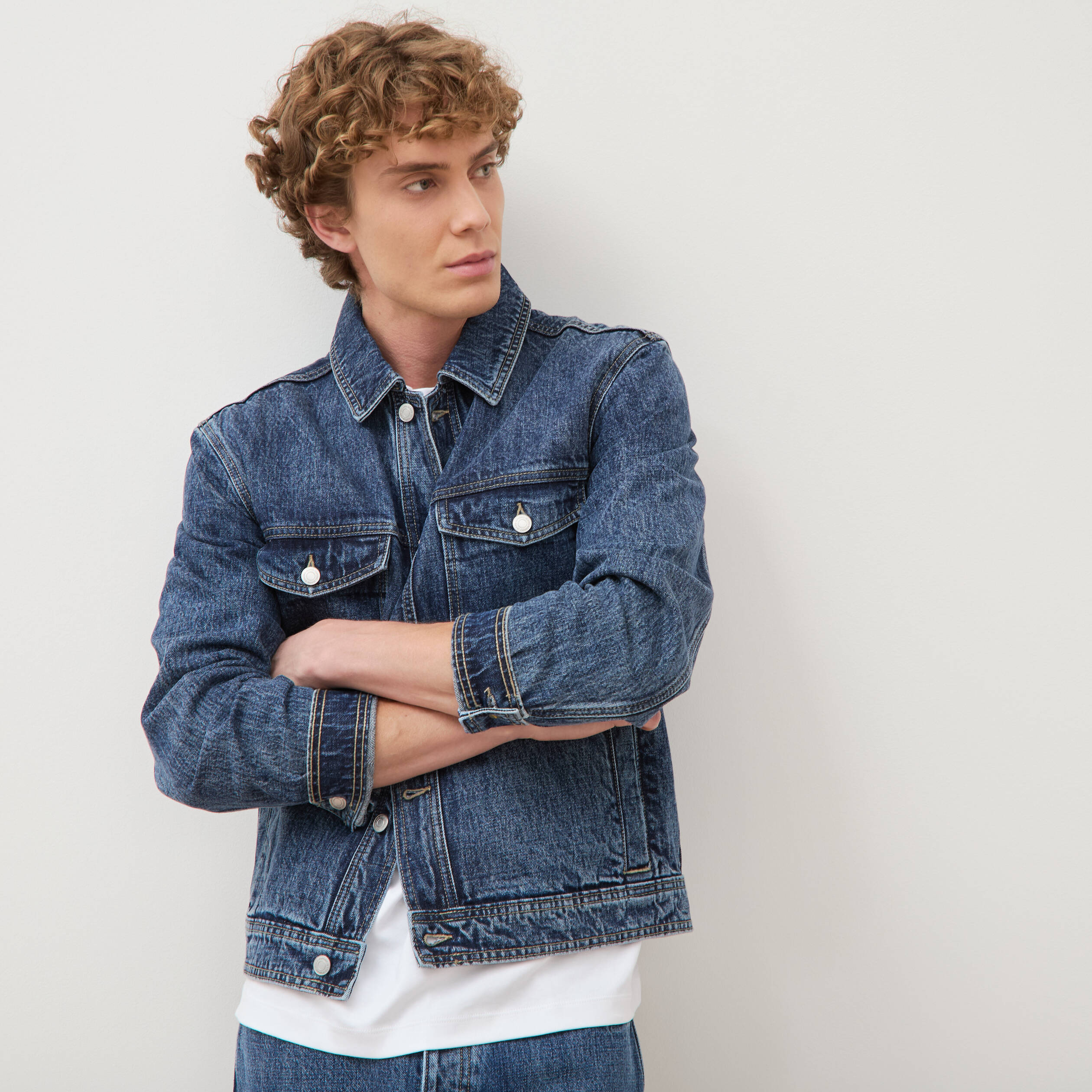 Veste droite en coton col classique denim stone homme