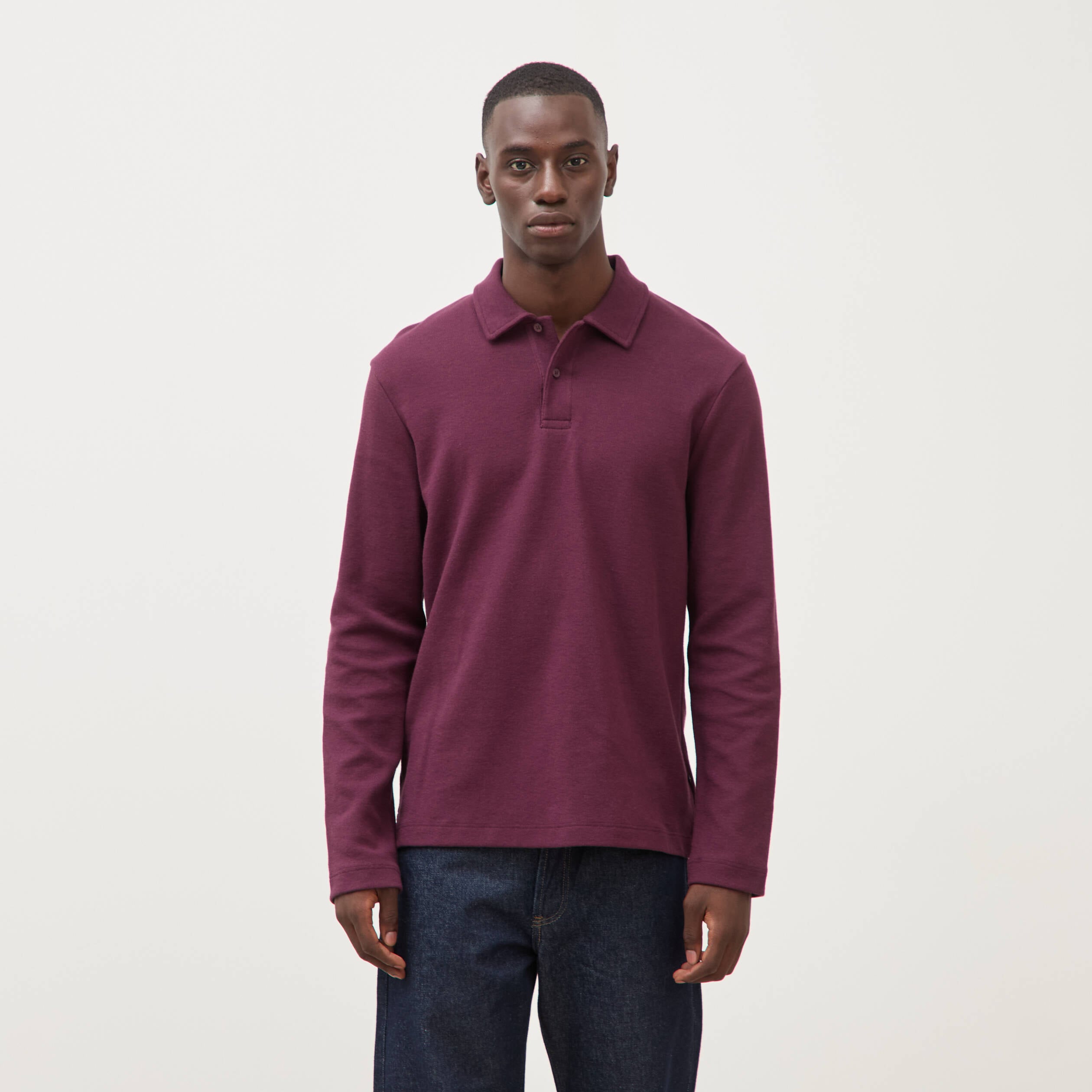 Polo droit manches longues en coton prune homme