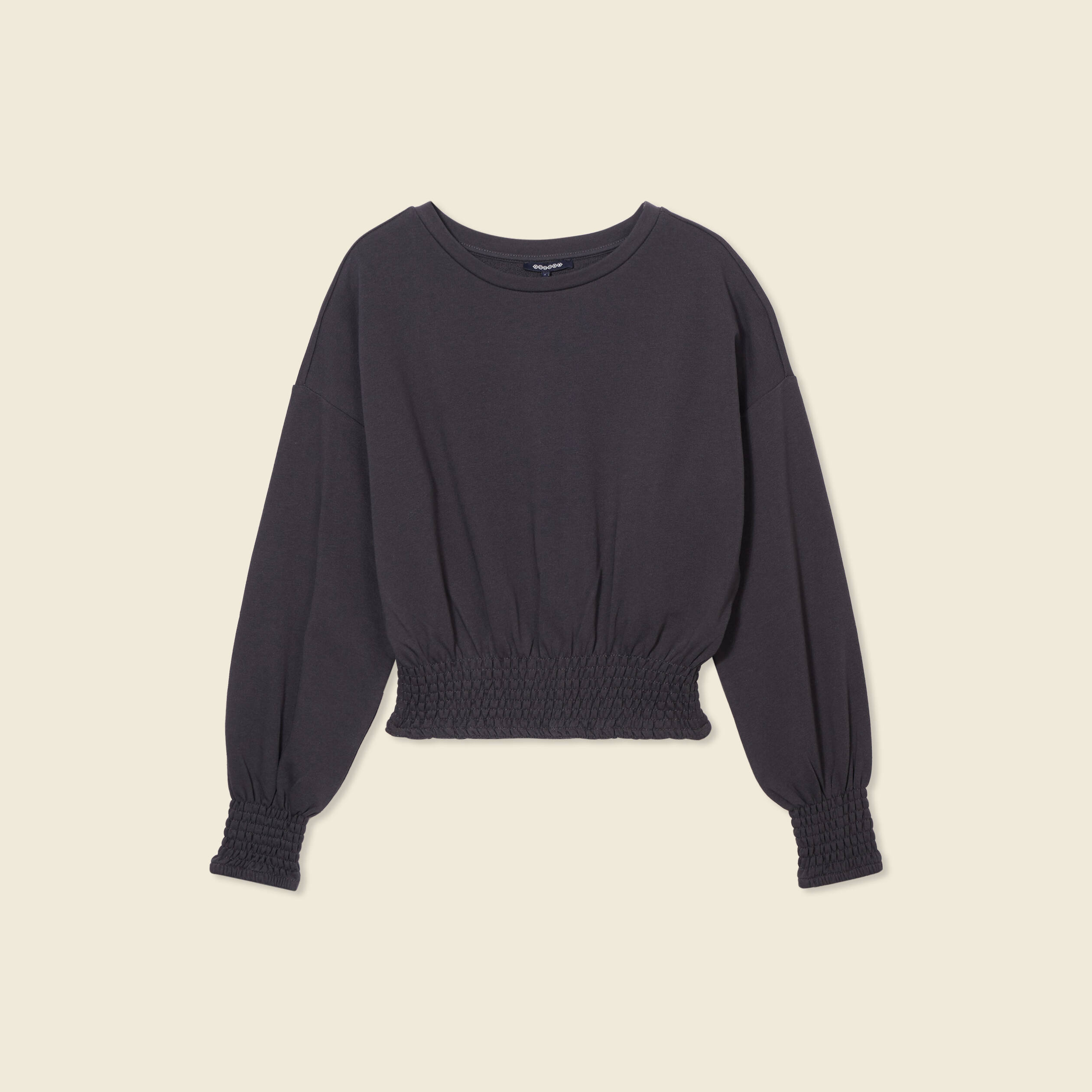 sweat manches longues smocke gris fonce femme Sweat manches longues smocké gris foncé femme