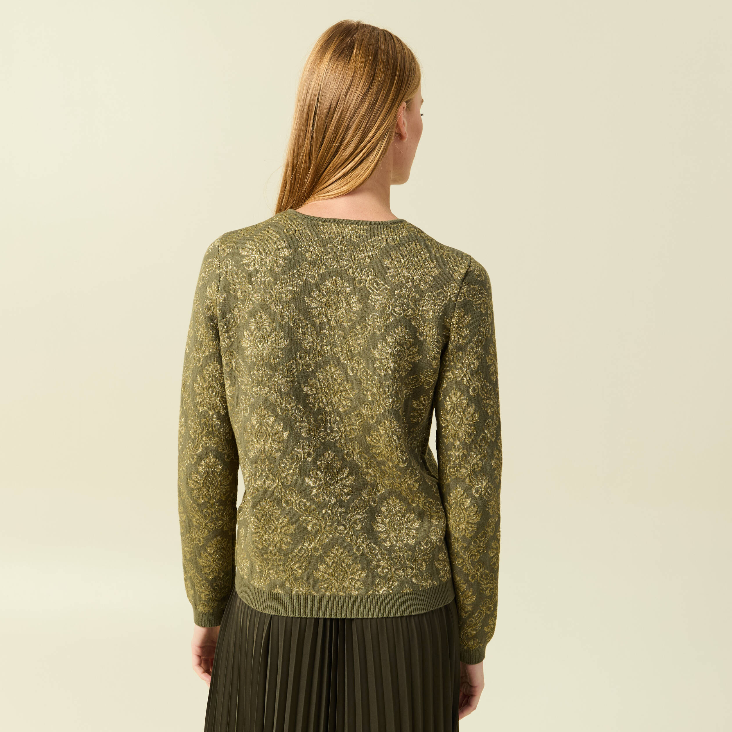 Pull manches longues col rond vert kaki femme