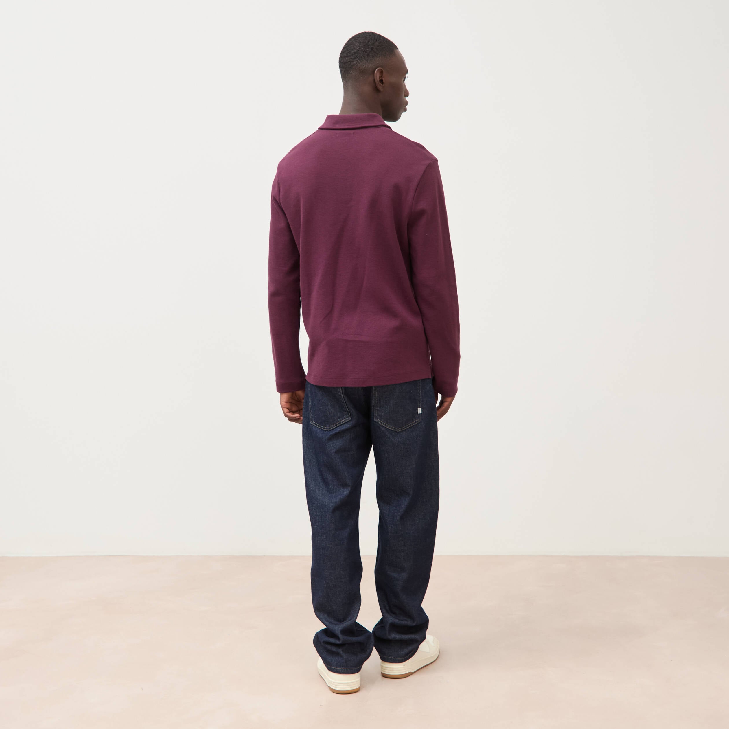 Polo droit manches longues en coton prune homme