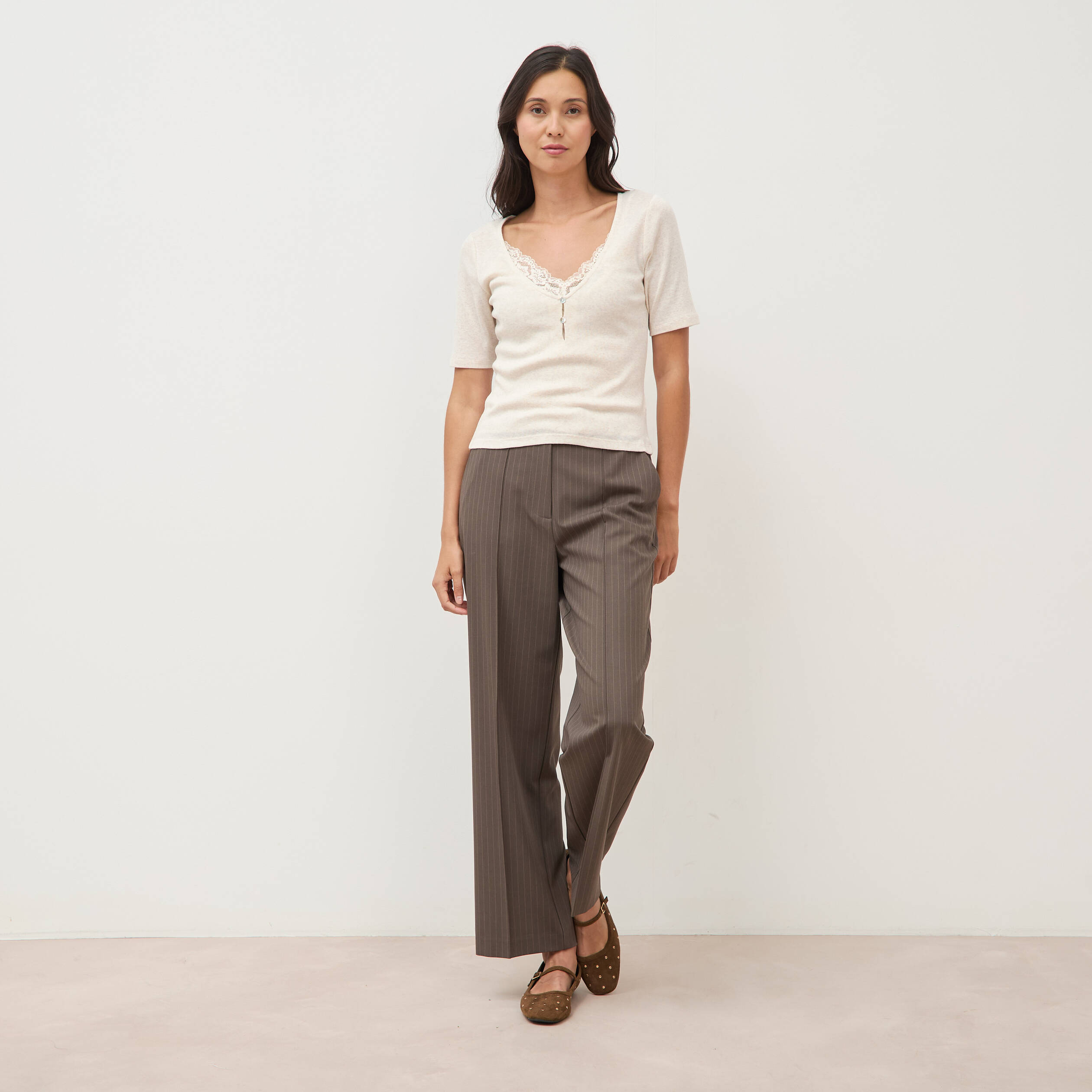 Pantalon droit taille haute taupe femme