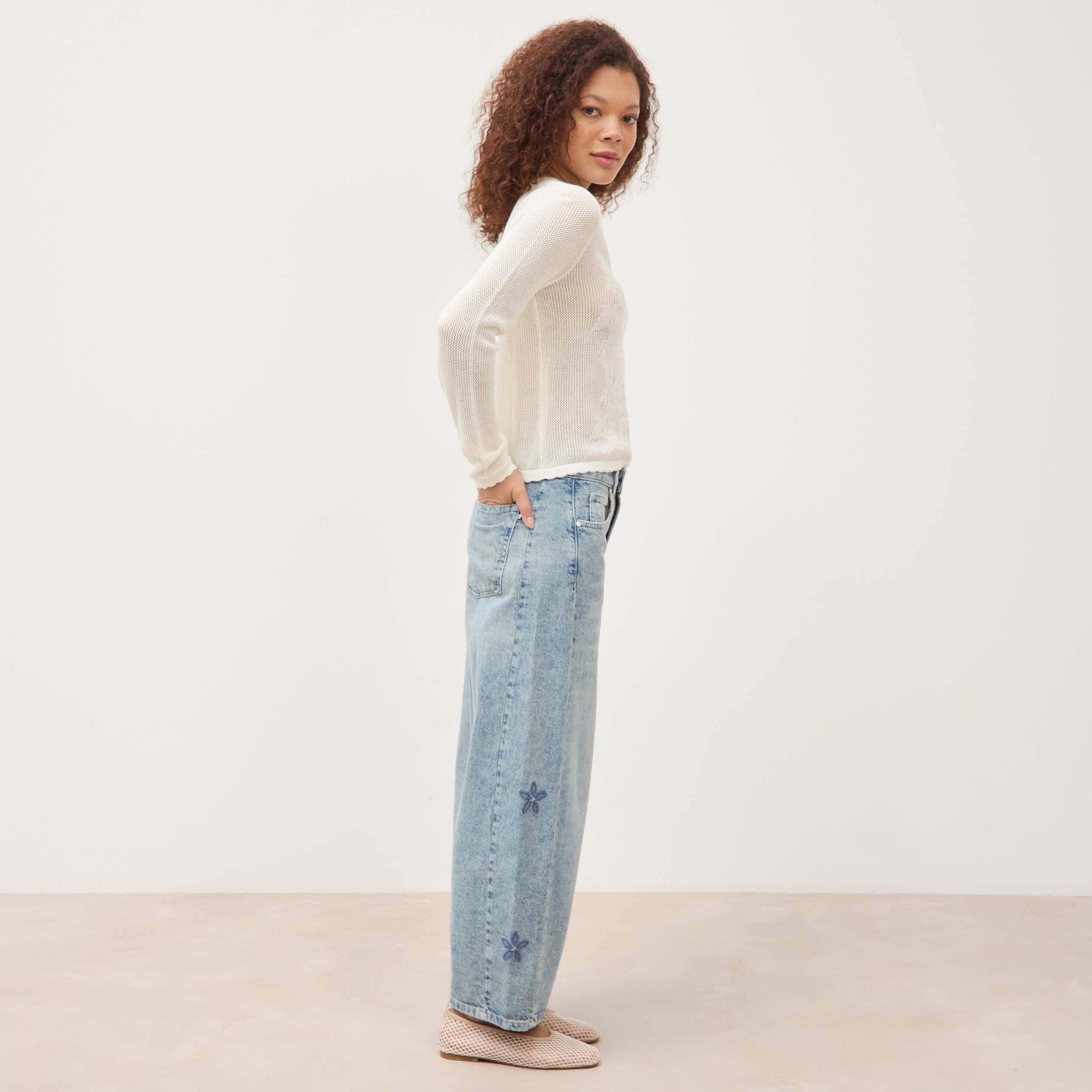Pull ajour&eacute; col rond manches longues ecru femme