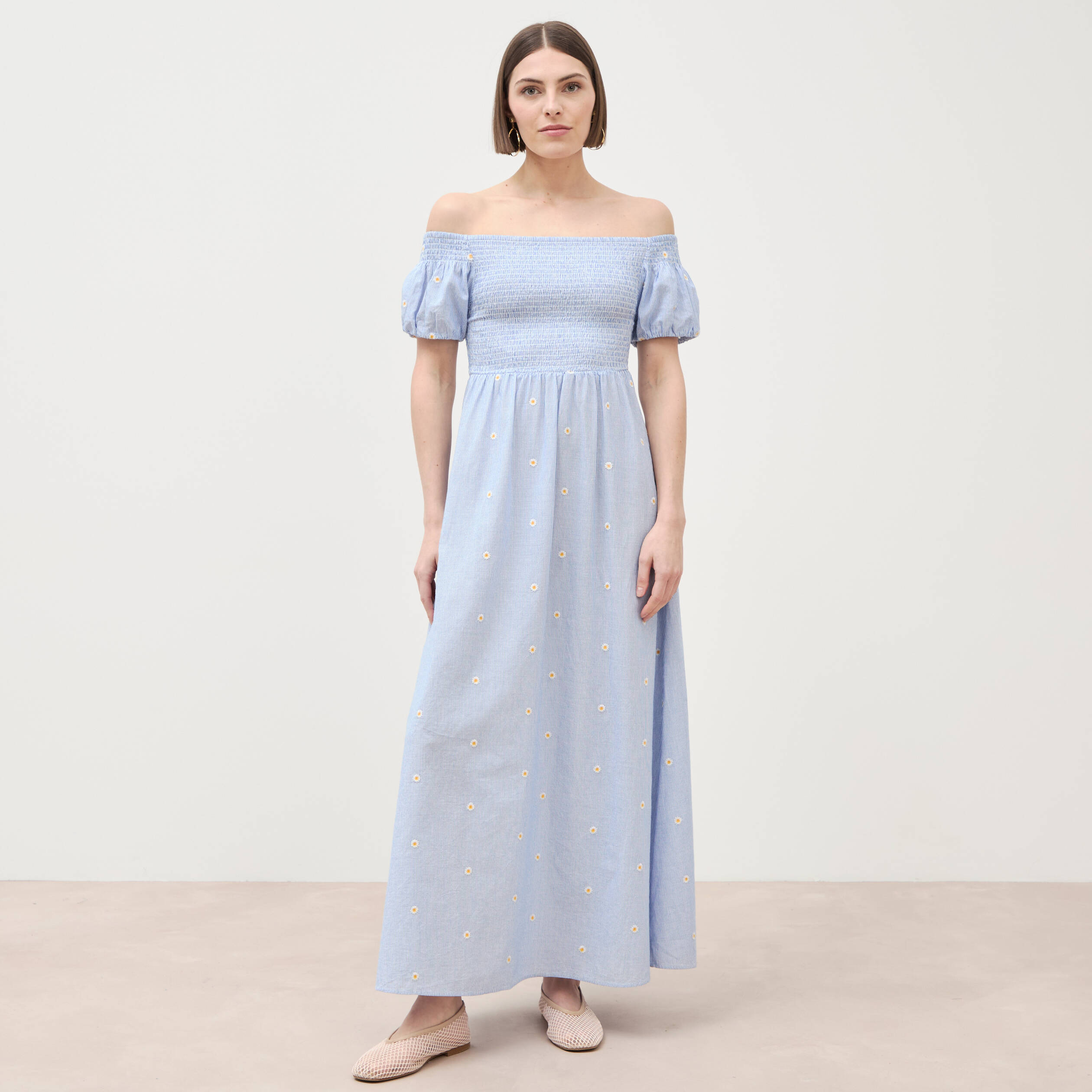 Robe col carr&eacute; manches courtes coton blanc femme
