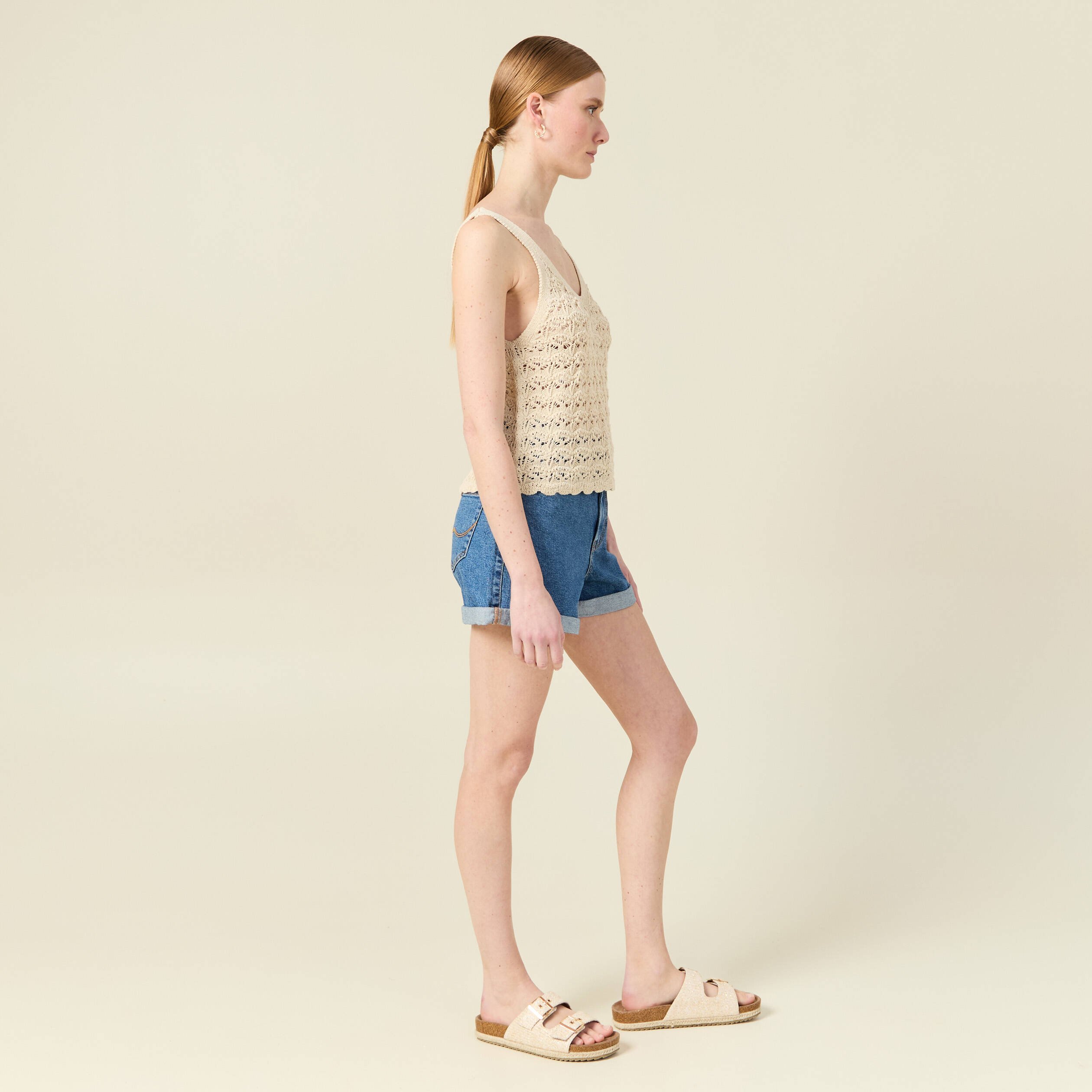 debardeur tricot ajoure creme femme Débardeur tricot ajouré creme femme