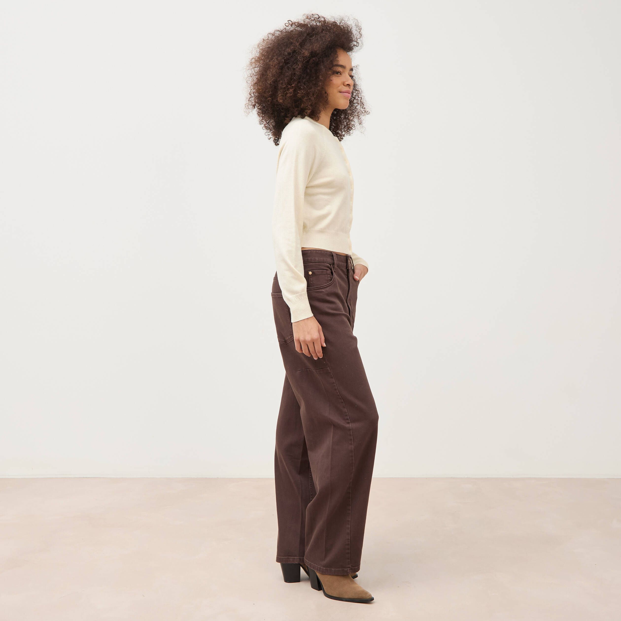 Gilet droit cropped manches longues creme femme
