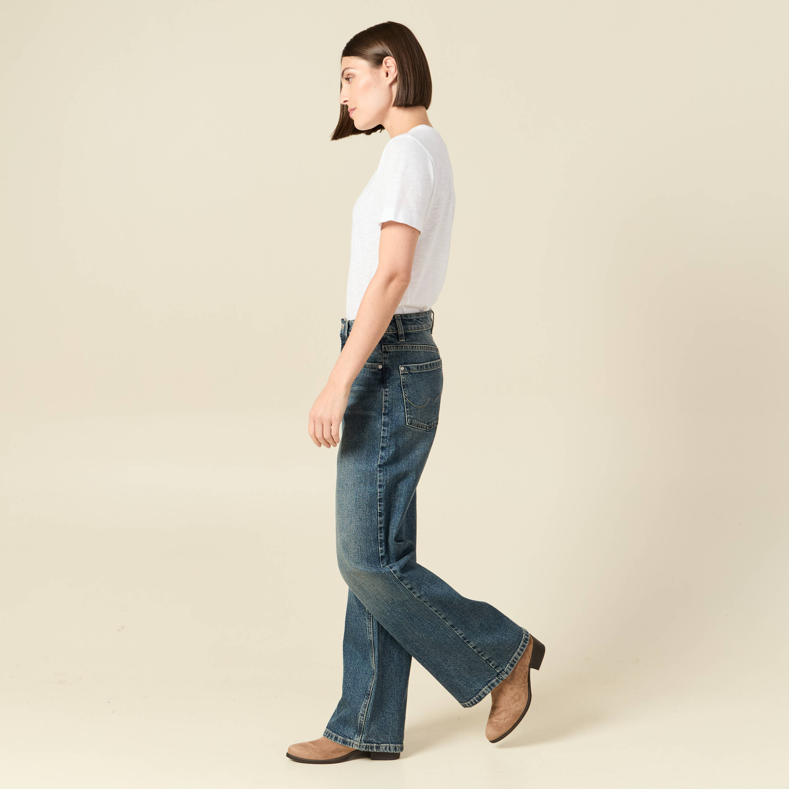 Jeans large taille haute bleu femme