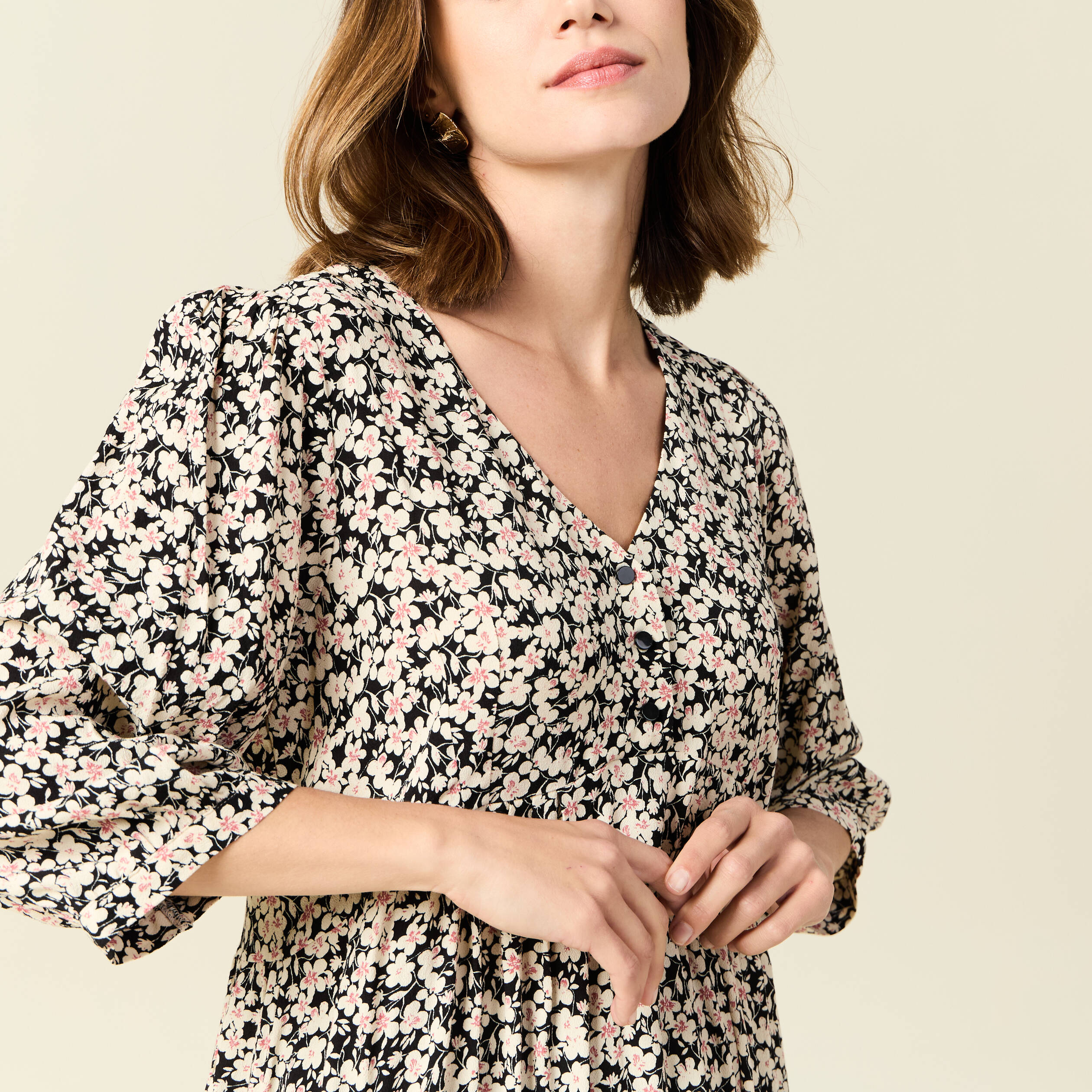 Robe évasée manches 3/4 noir femme