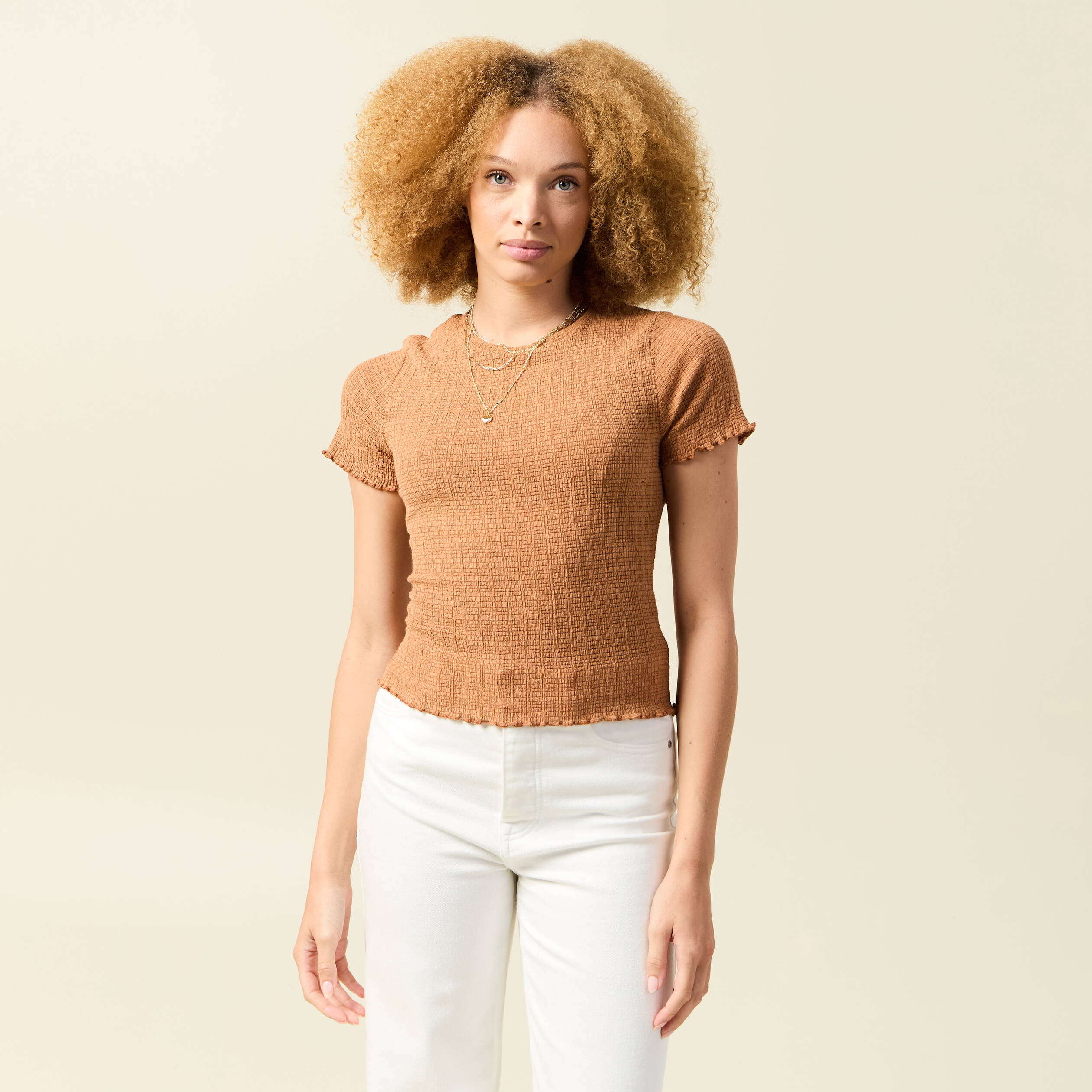 T-shirt ajust&eacute; court manches courtes terracotta femme