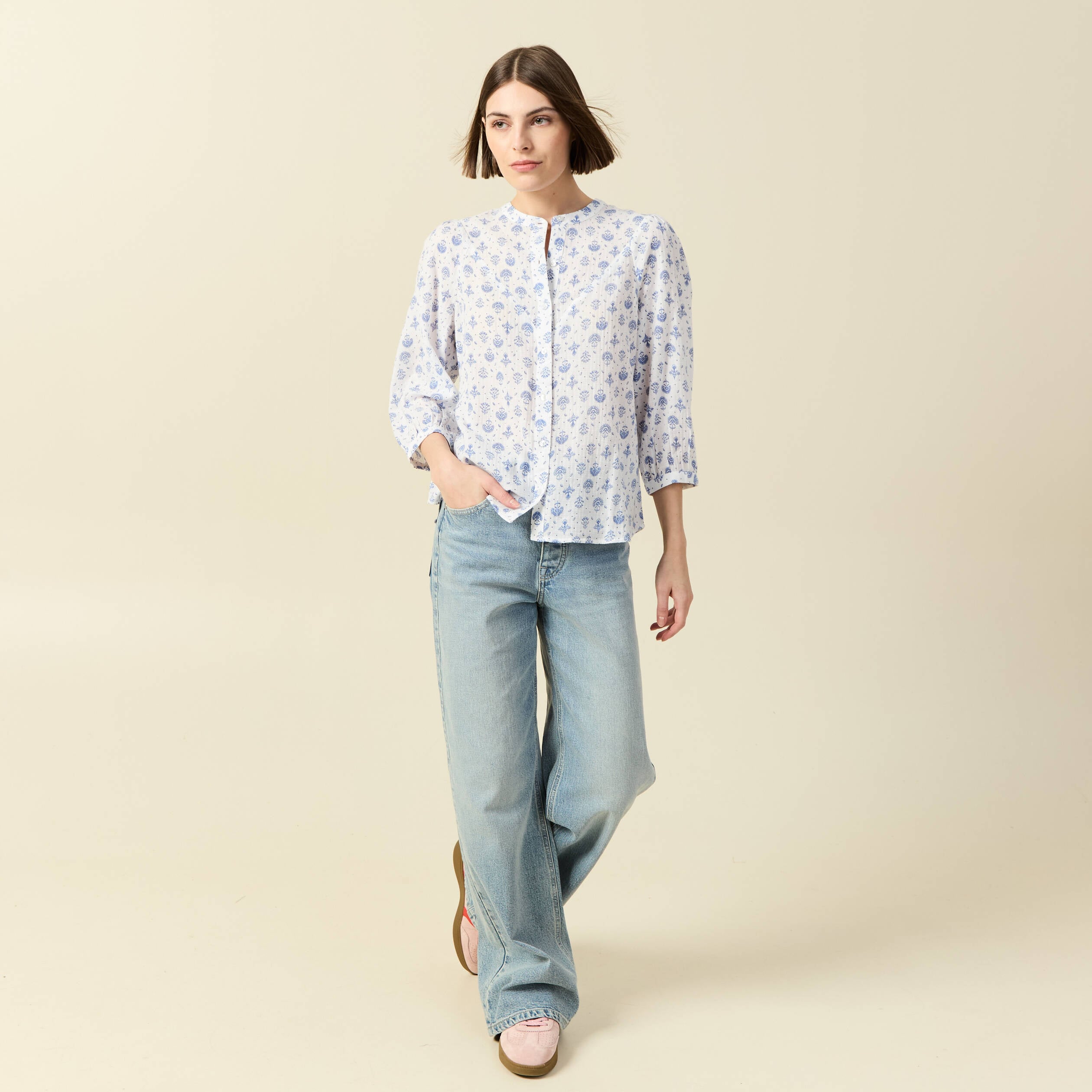 Chemise &agrave; manches longues bleu femme