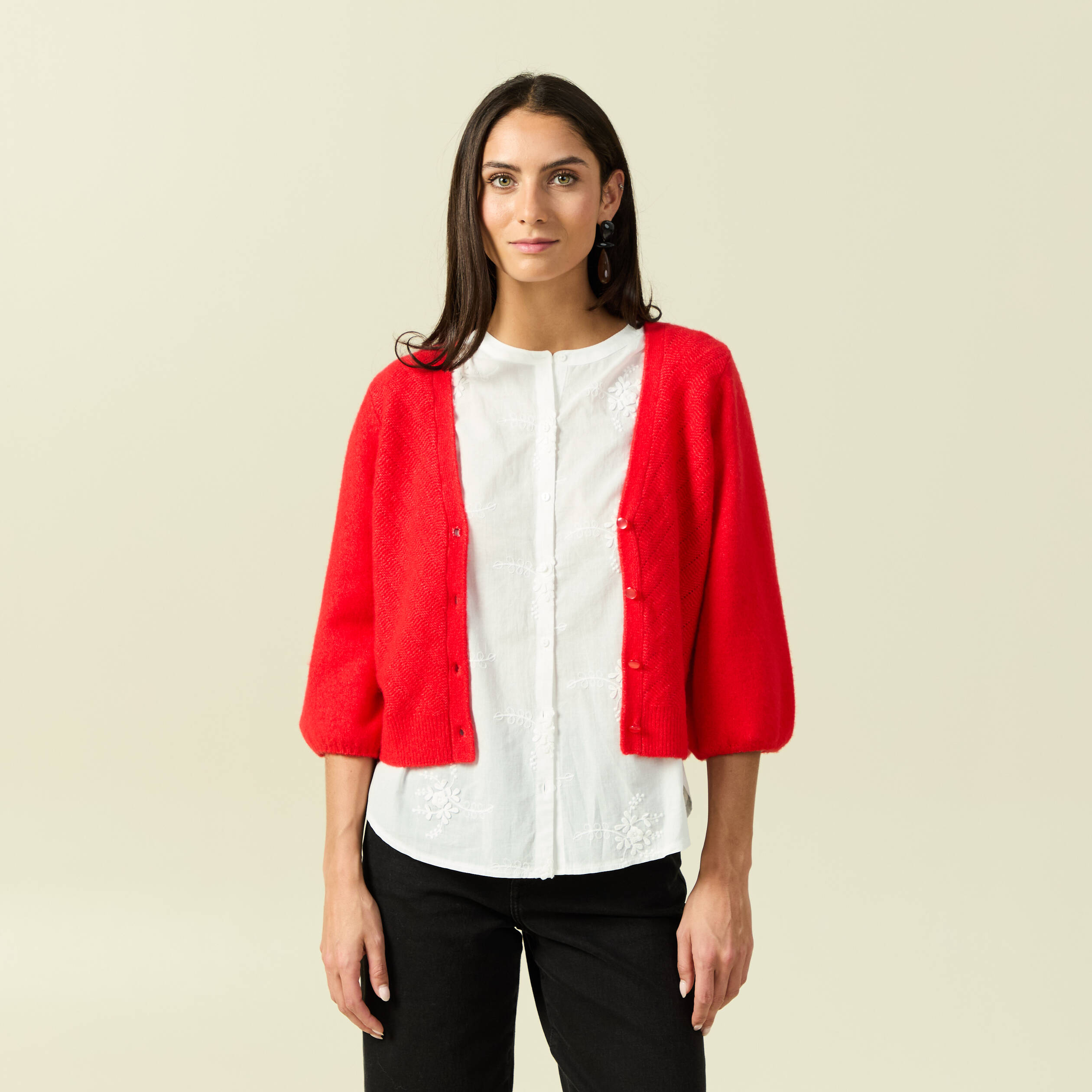 Gilet manches 3/4 rouge fonc&eacute; femme