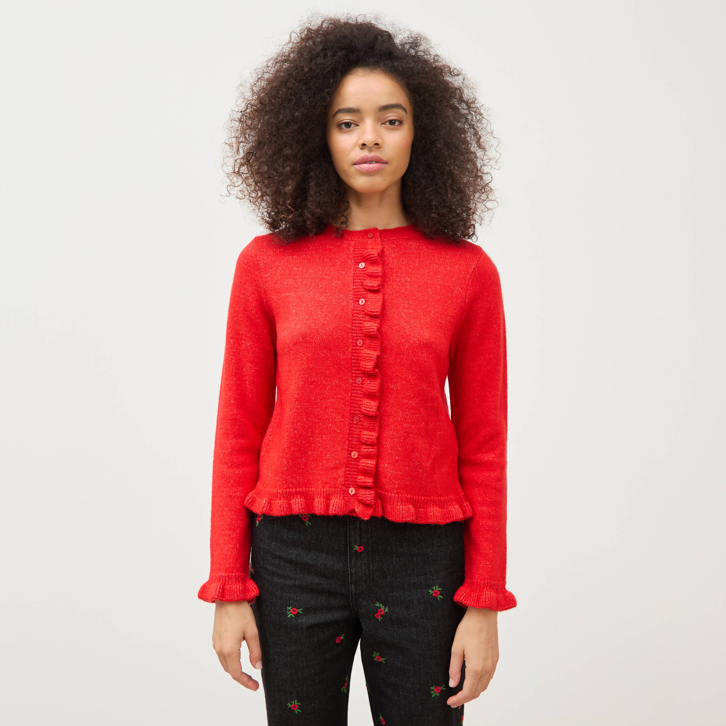 Gilet droit manches longues col rond rouge femme