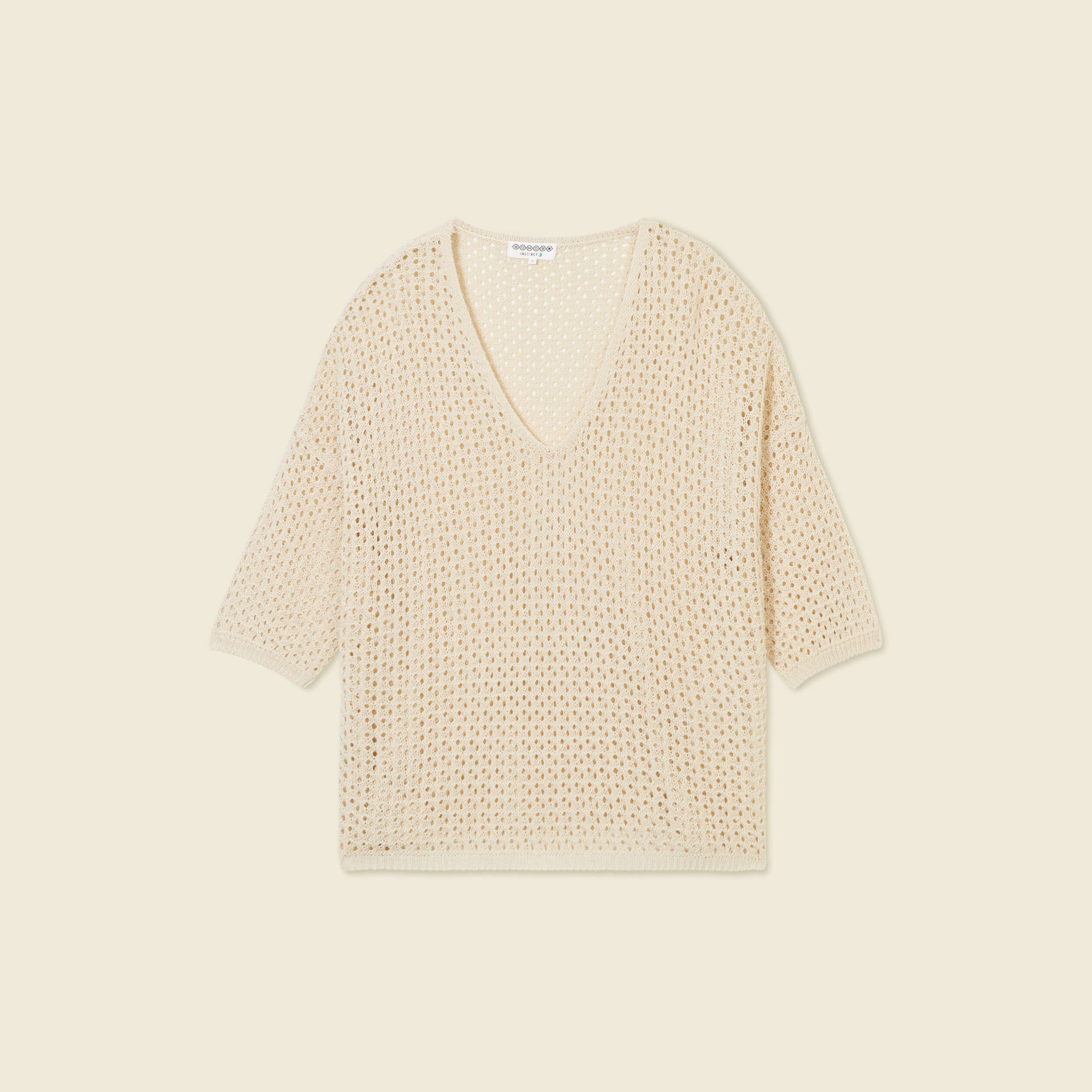 Pull ajour&eacute; col v manches 3/4 creme femme