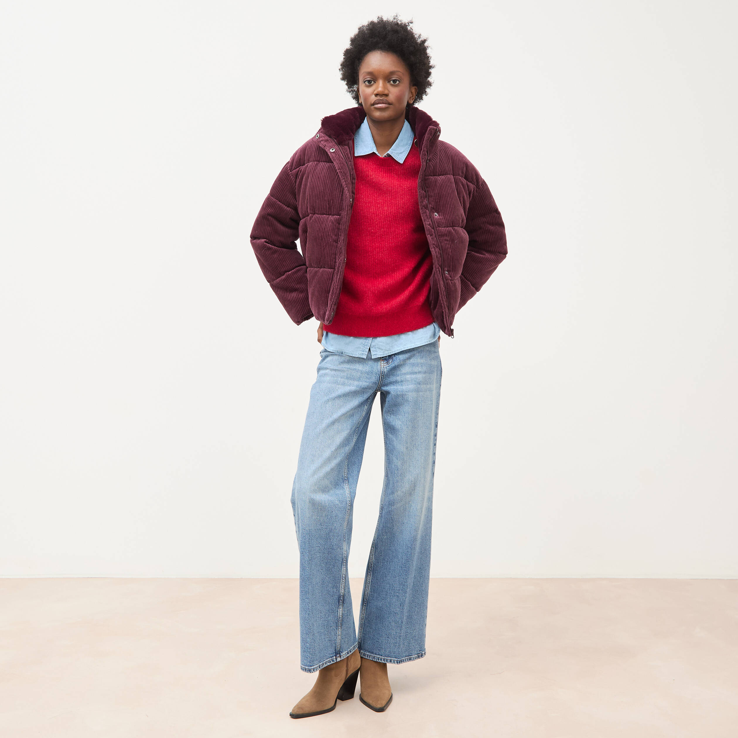 Pull droit col rond manches longues rouge femme