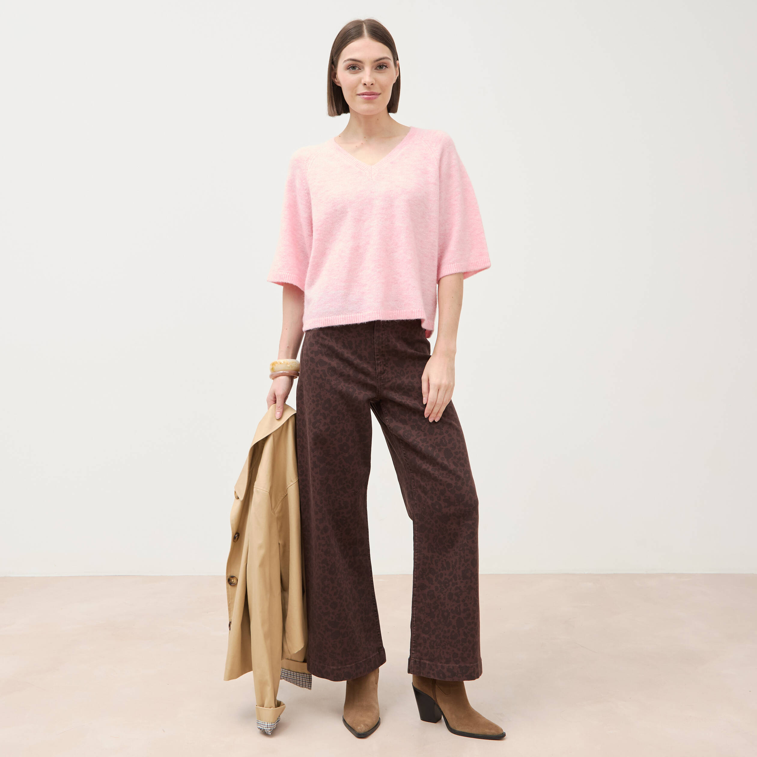 Jeans large cropped taille haute marron chocolat femme