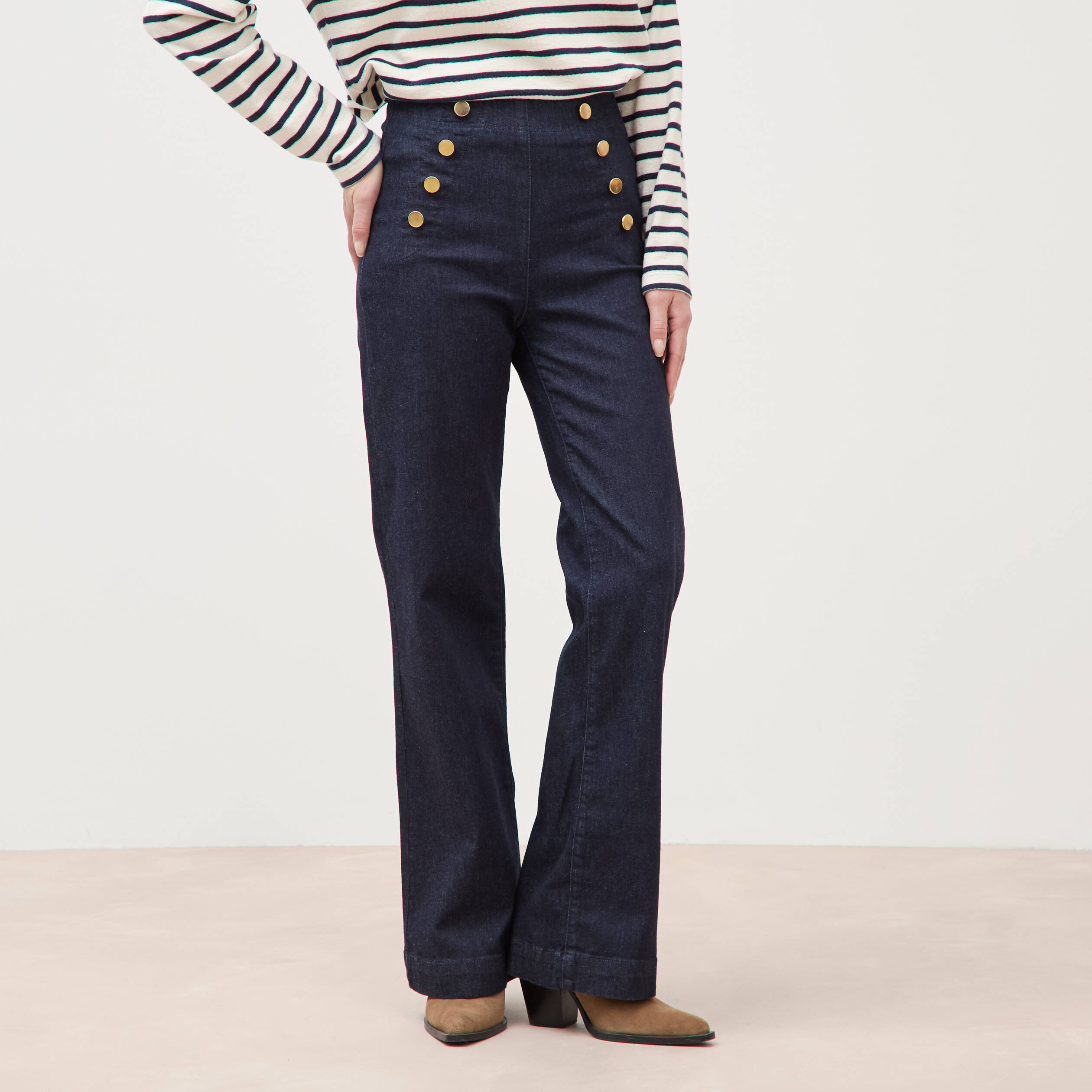 Jeans bootcut taille haute 7/8&egrave;me denim brut femme