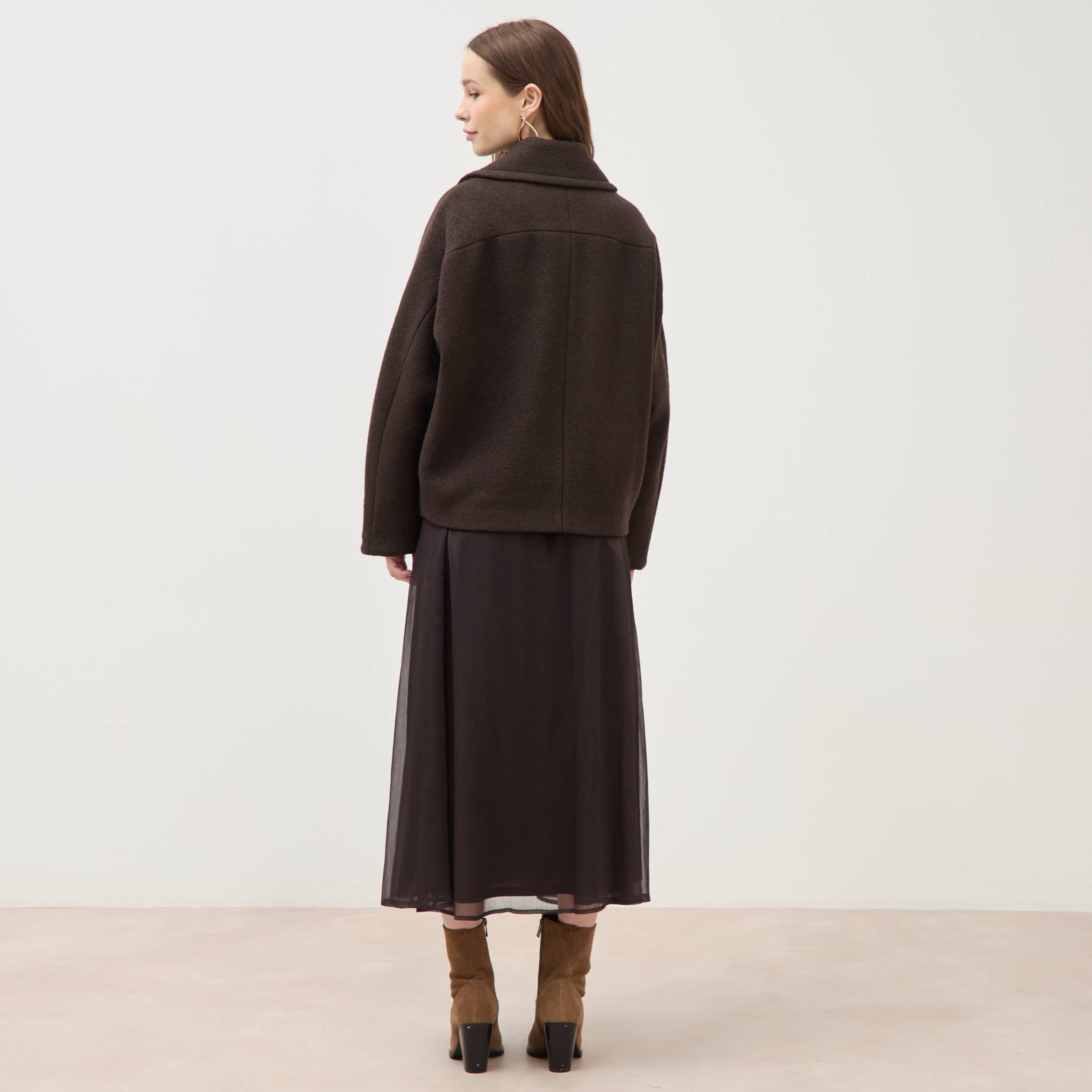 Manteau oversize court col tailleur marron fonc&eacute; femme