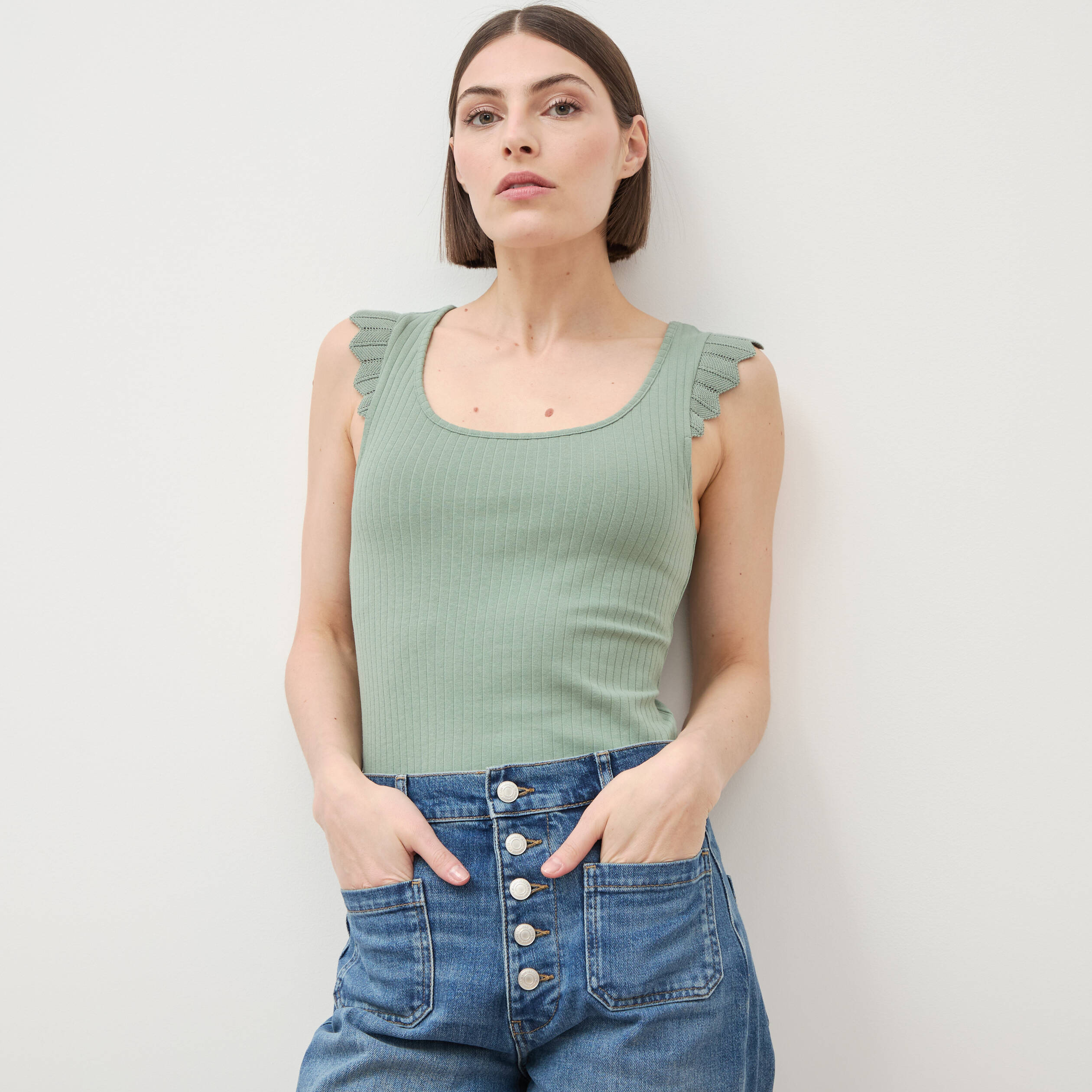 D&eacute;bardeur bretelles larges vert kaki femme