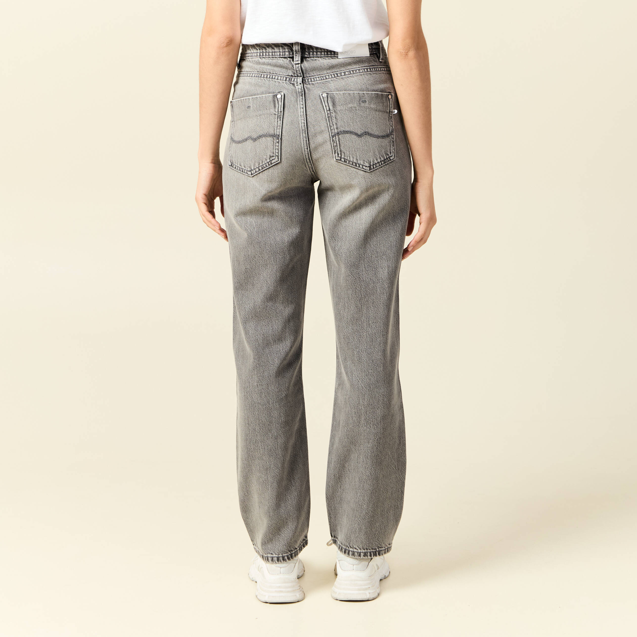 Jeans straight taille haute 7/8&egrave;me denim gris clair femme