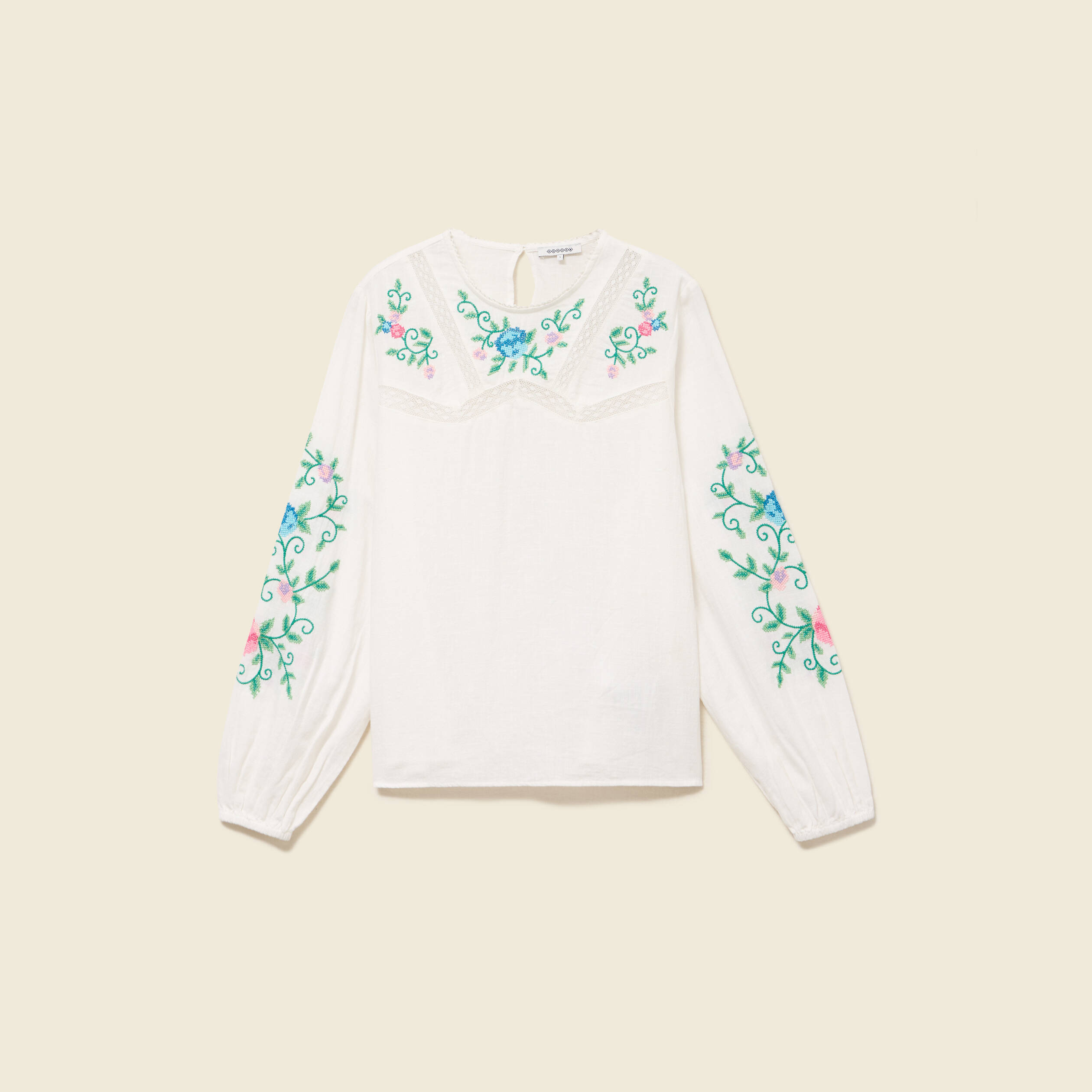 Chemise bord&eacute;e en coton manches longues ecru femme