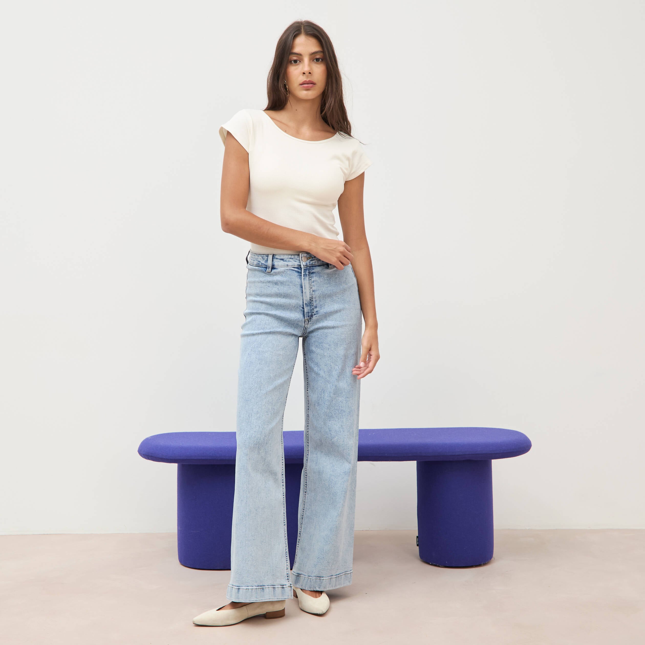 Jeans large taille haute denim bleach femme