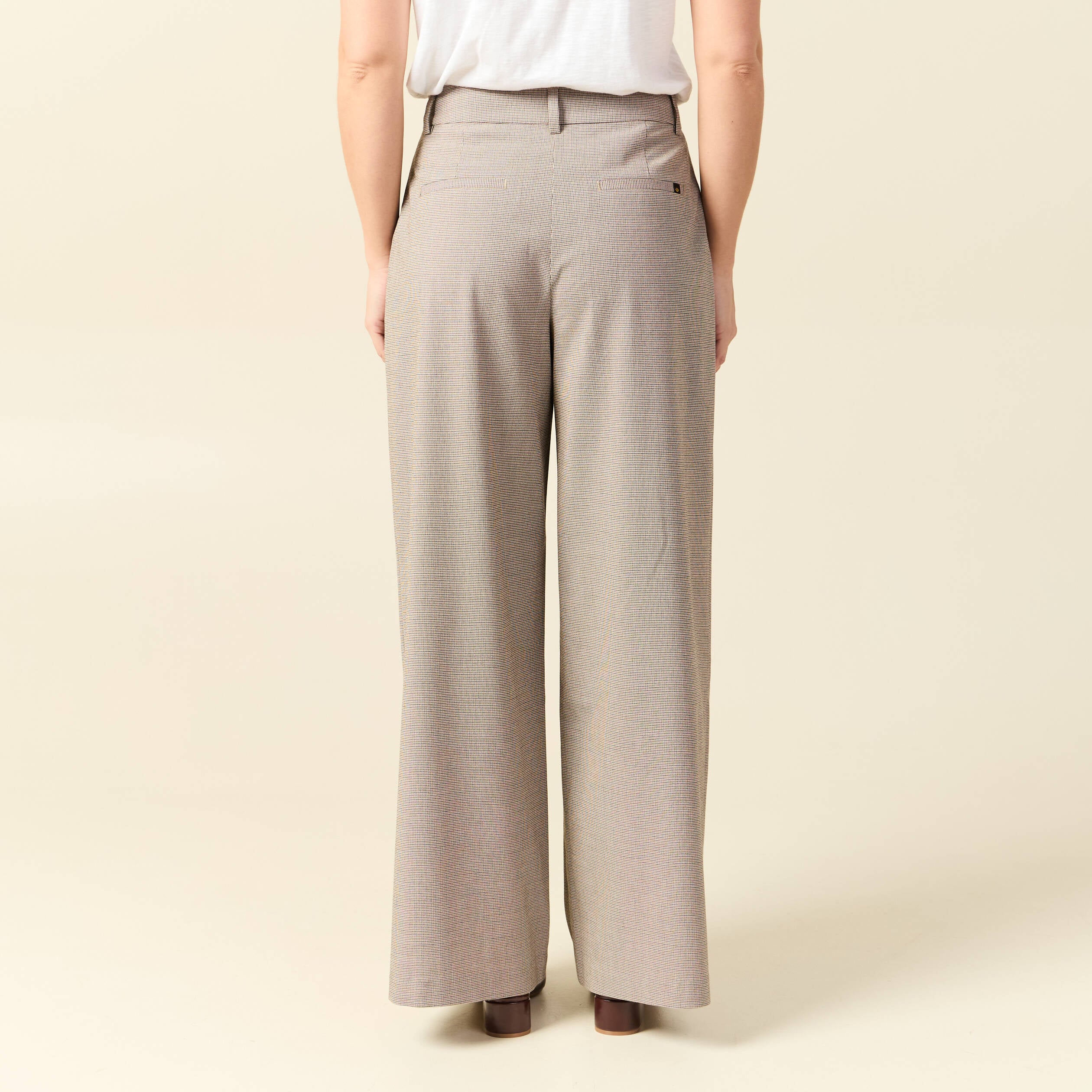 Pantalon large taille haute fluide beige femme