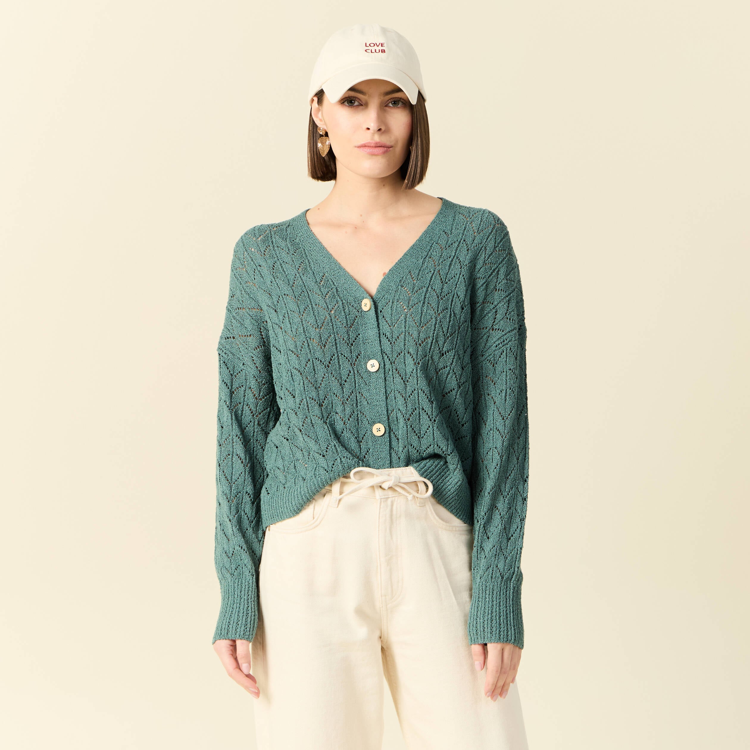 Gilet manches longues ajour&eacute; vert fonc&eacute; femme