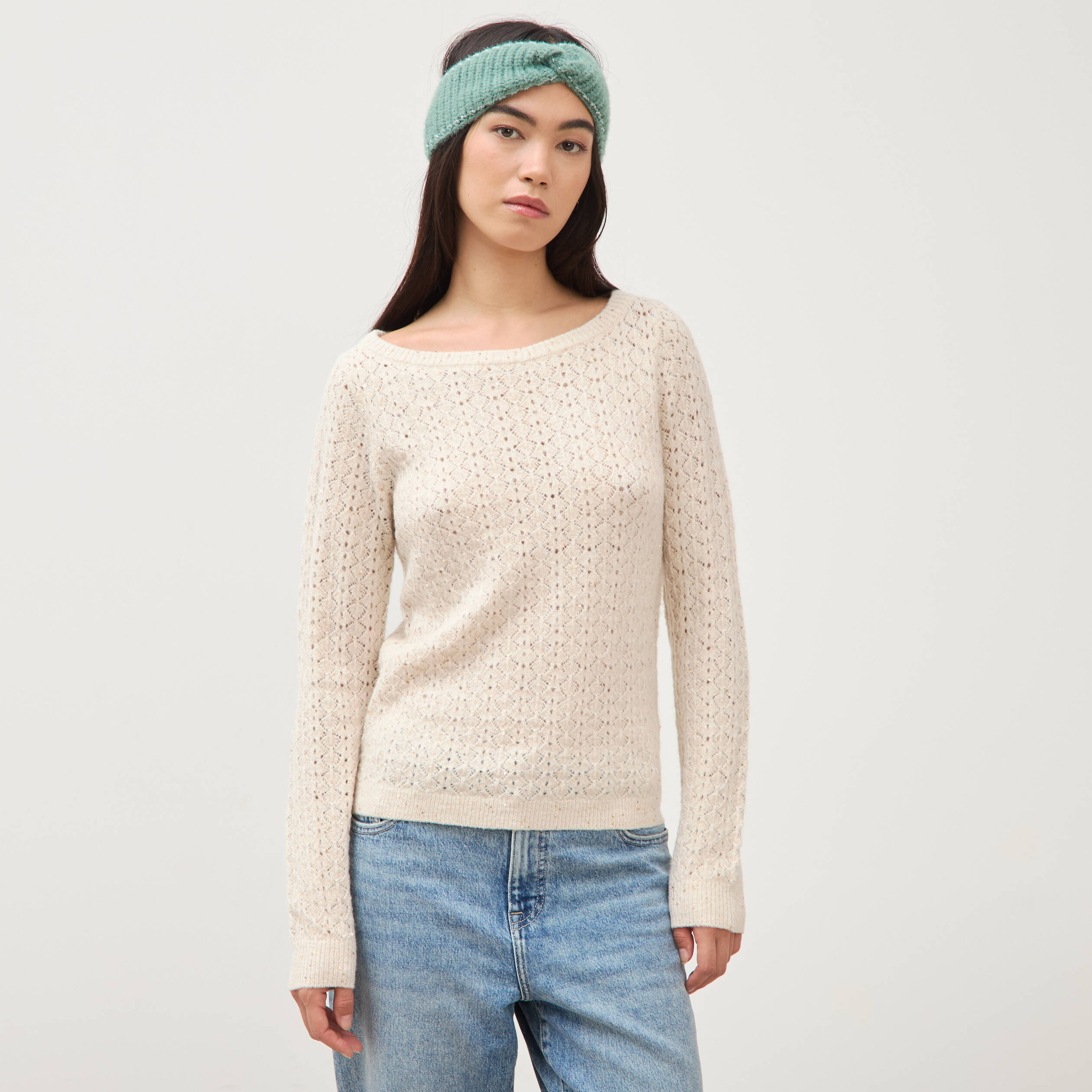 Pull manches longues col bateau creme femme