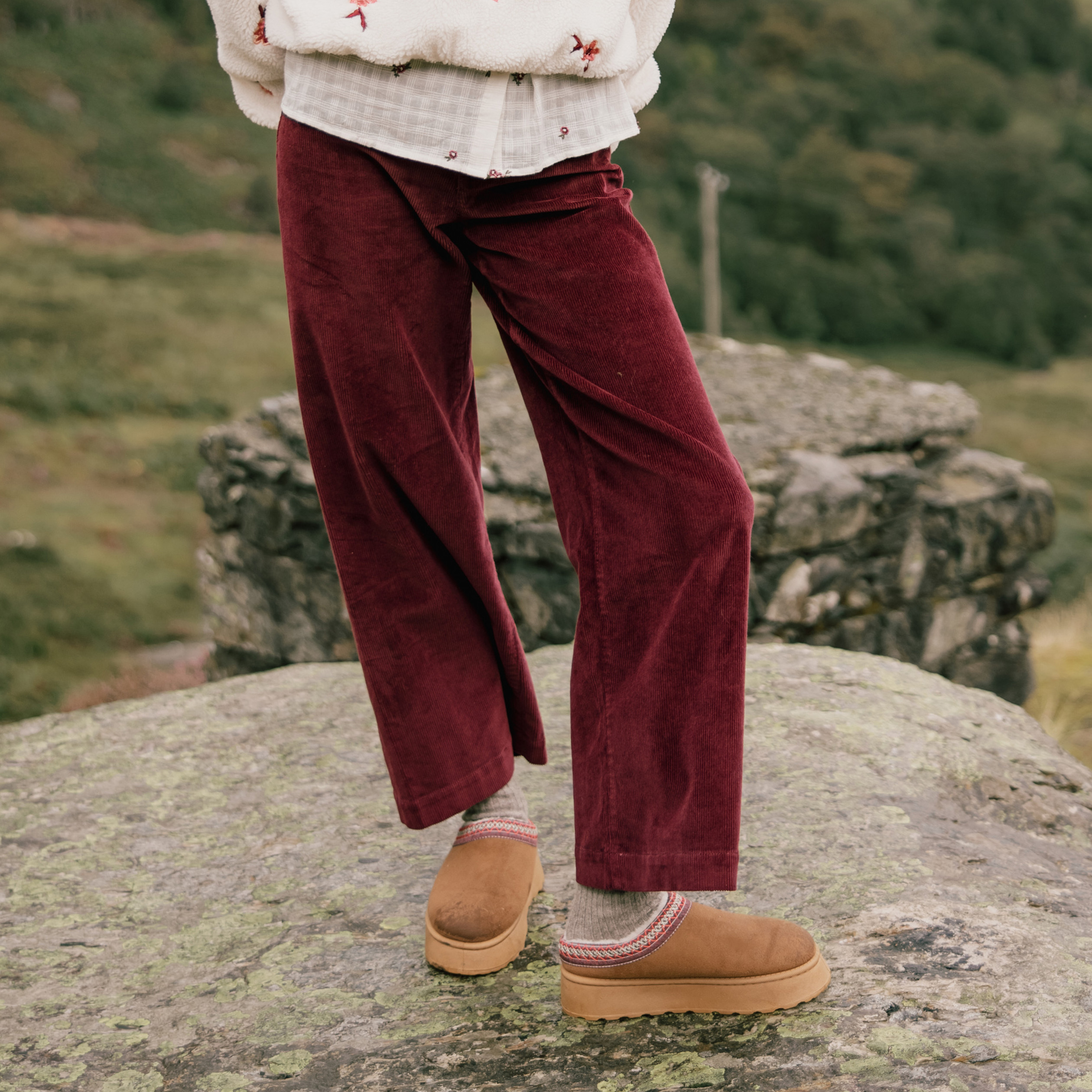 Pantalon large taille haute en velours bordeaux femme Vibs