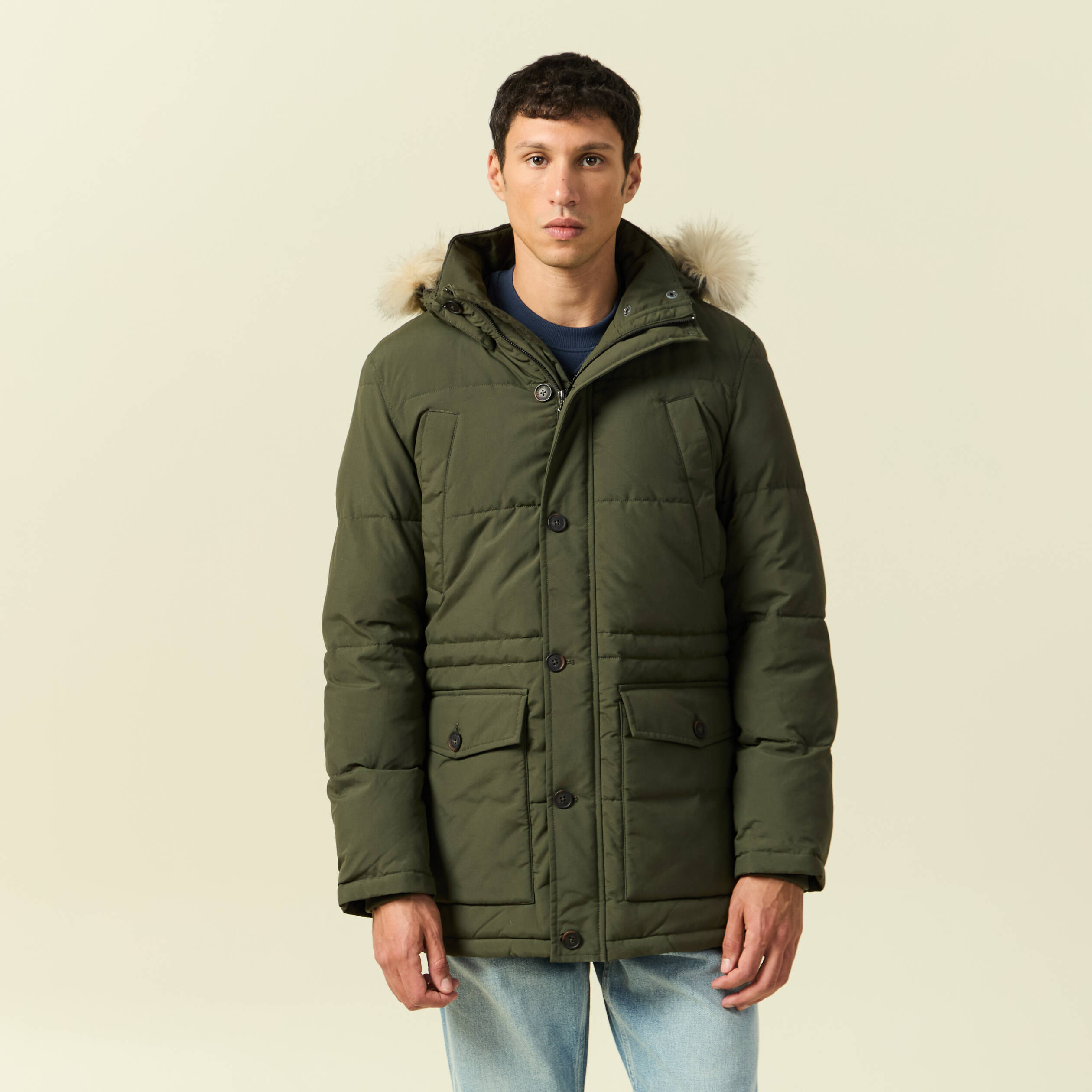 Parka longue droite &agrave; capuche vert kaki homme