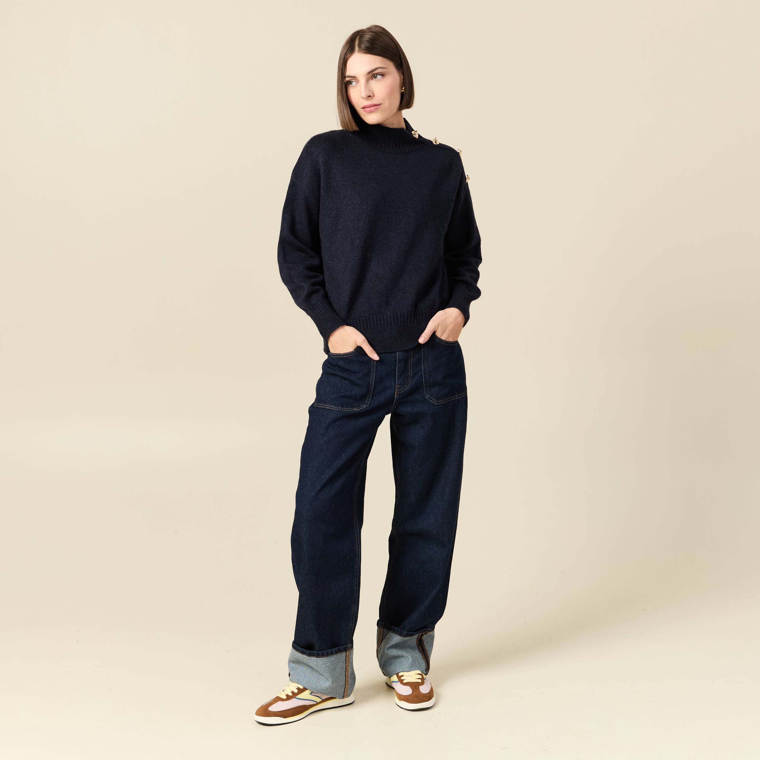 Pull col montant manches longues bleu marine femme