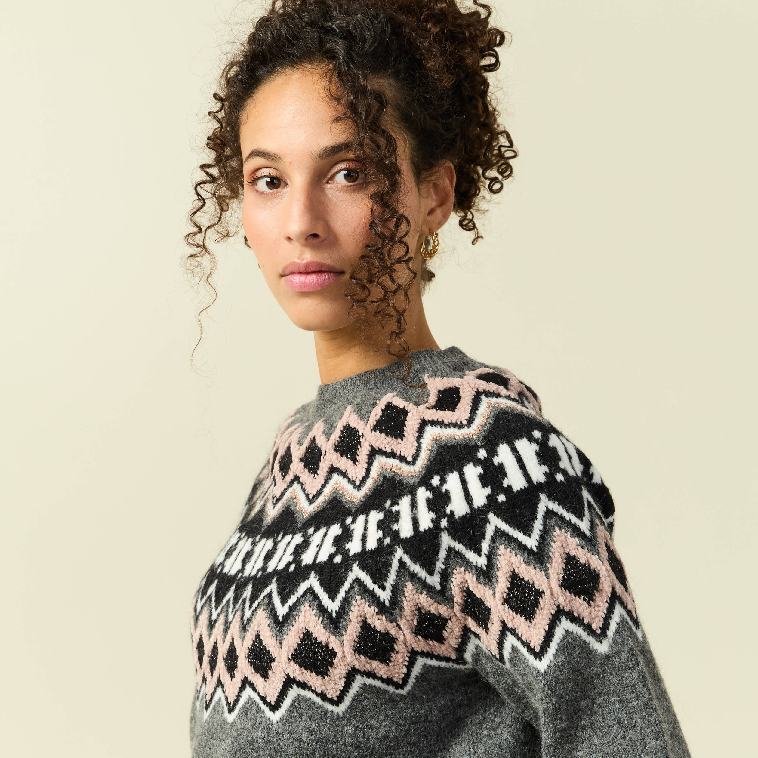 Pull col rond manches longues gris clair femme