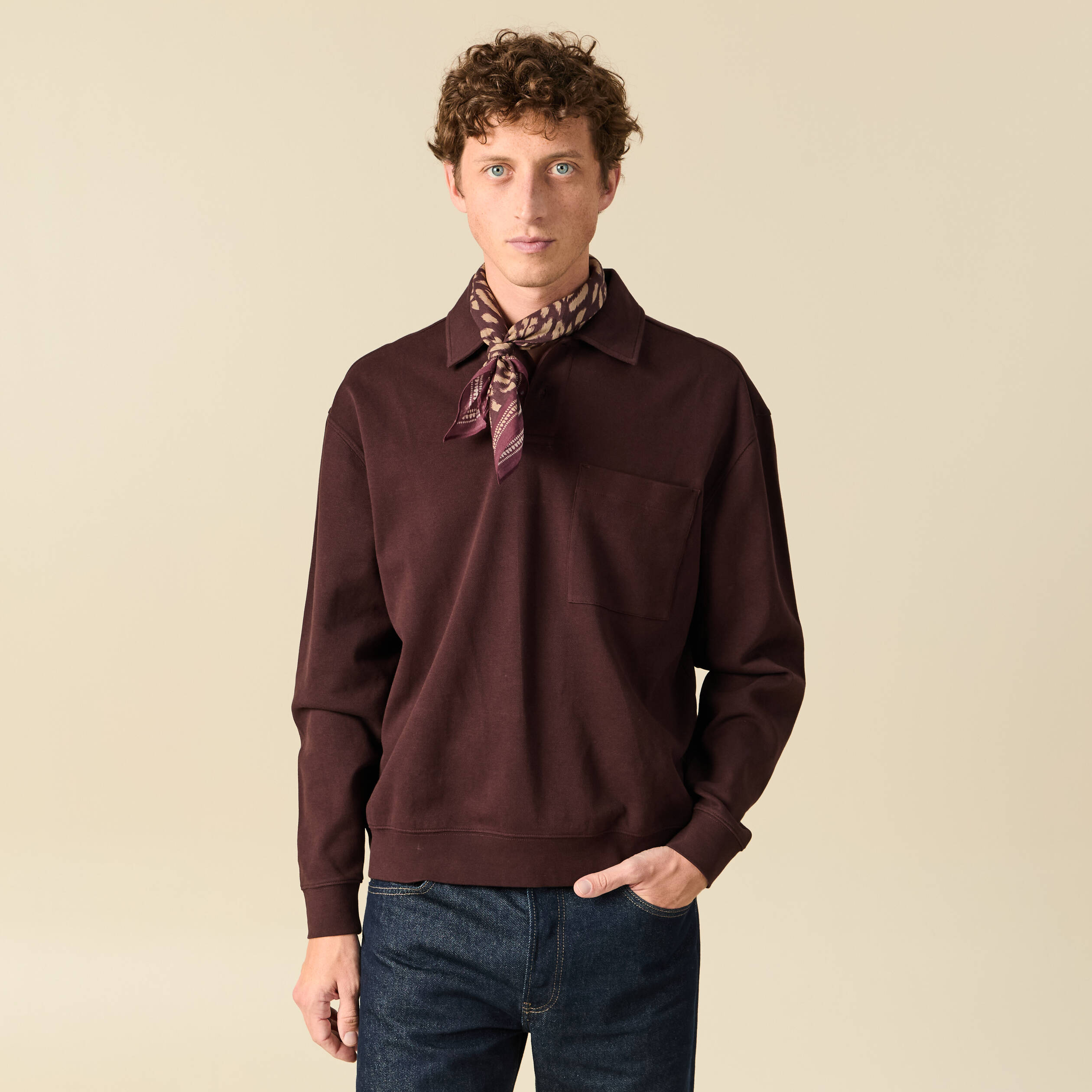 Polo ample manches longues col polo marron fonc&eacute; homme