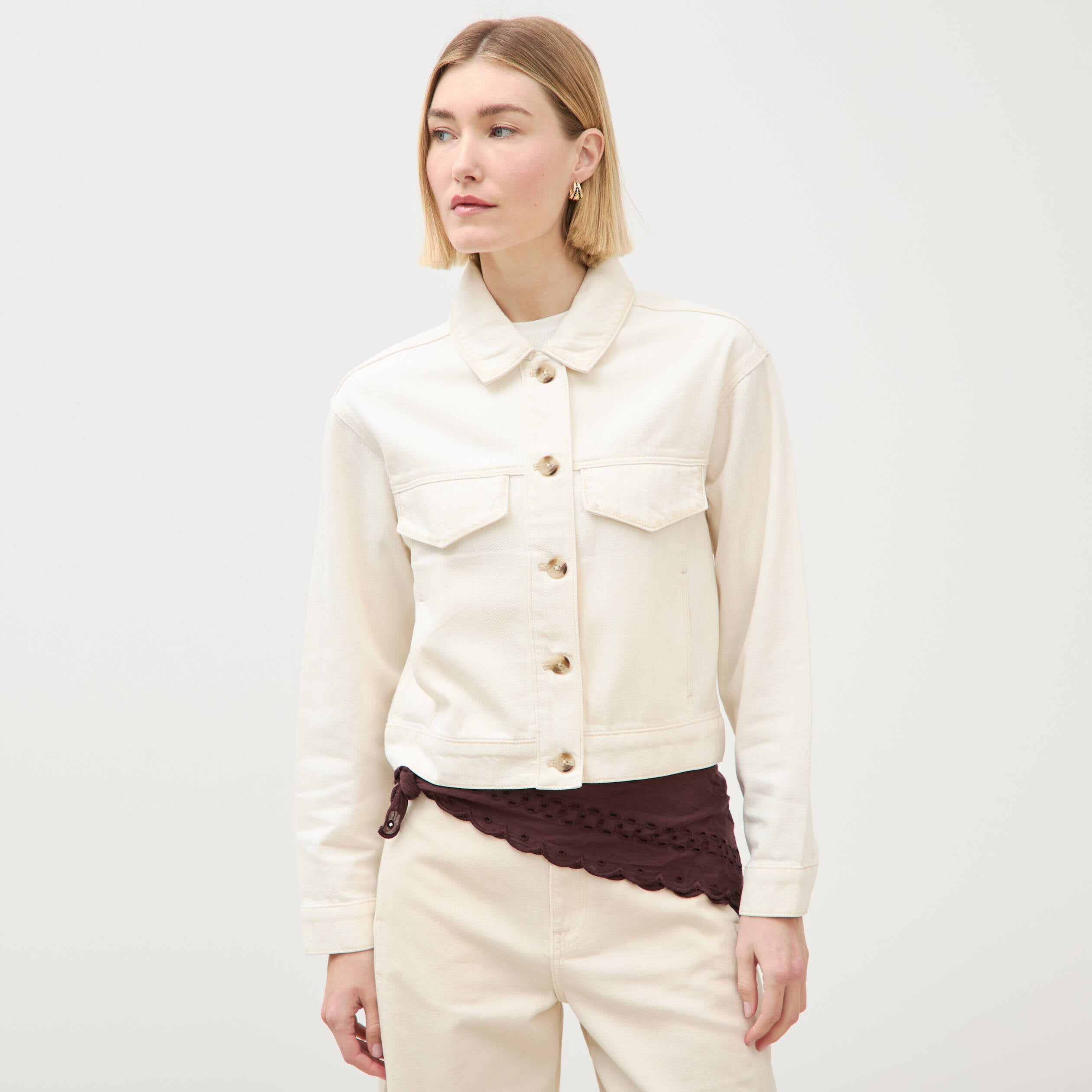 Blouson oversize manches longues denim blanc femme